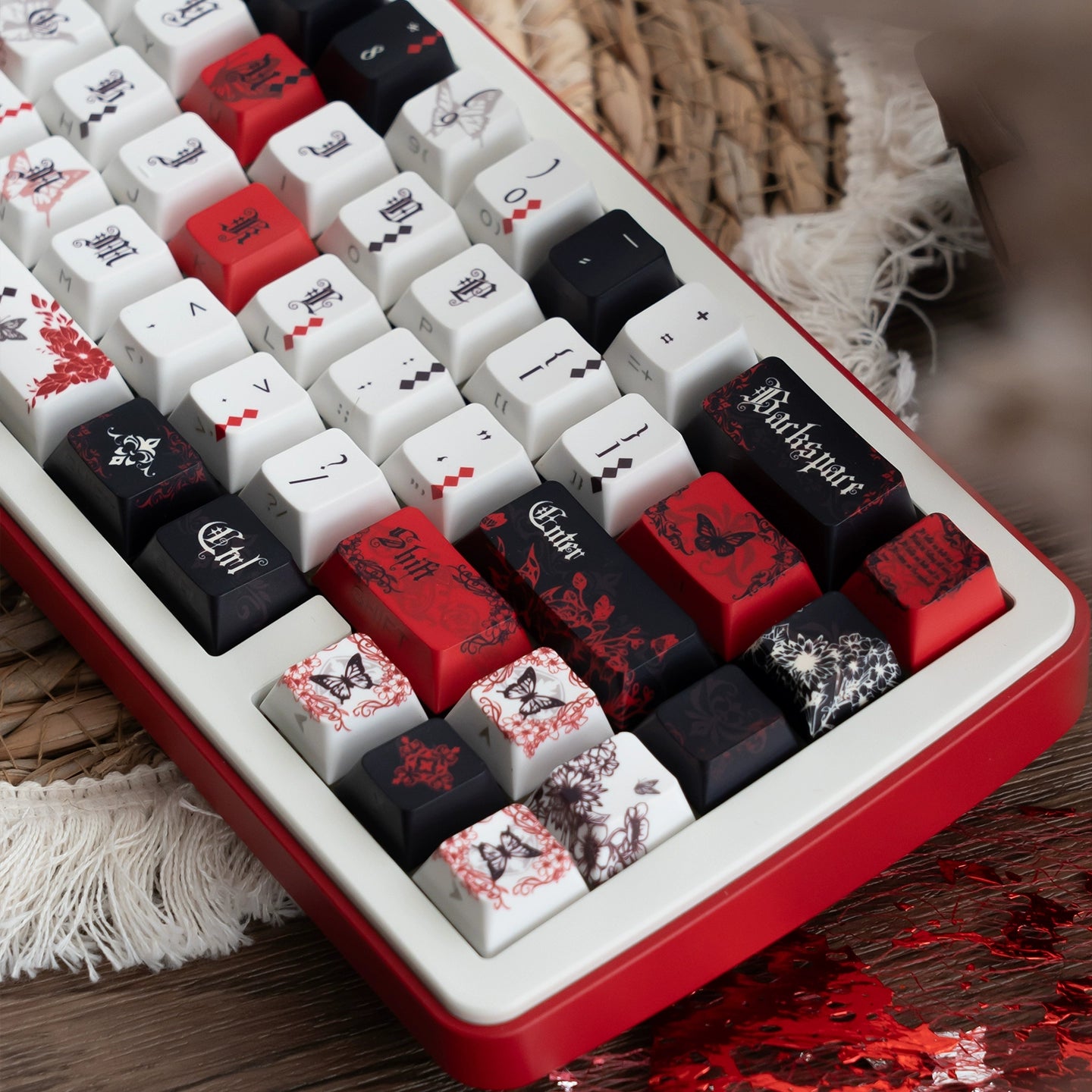 #0227 Ink Butterfly Black and Red Keycap Cherry Profile 131 Keys Side-printed Designed By URE(not including keyboard)