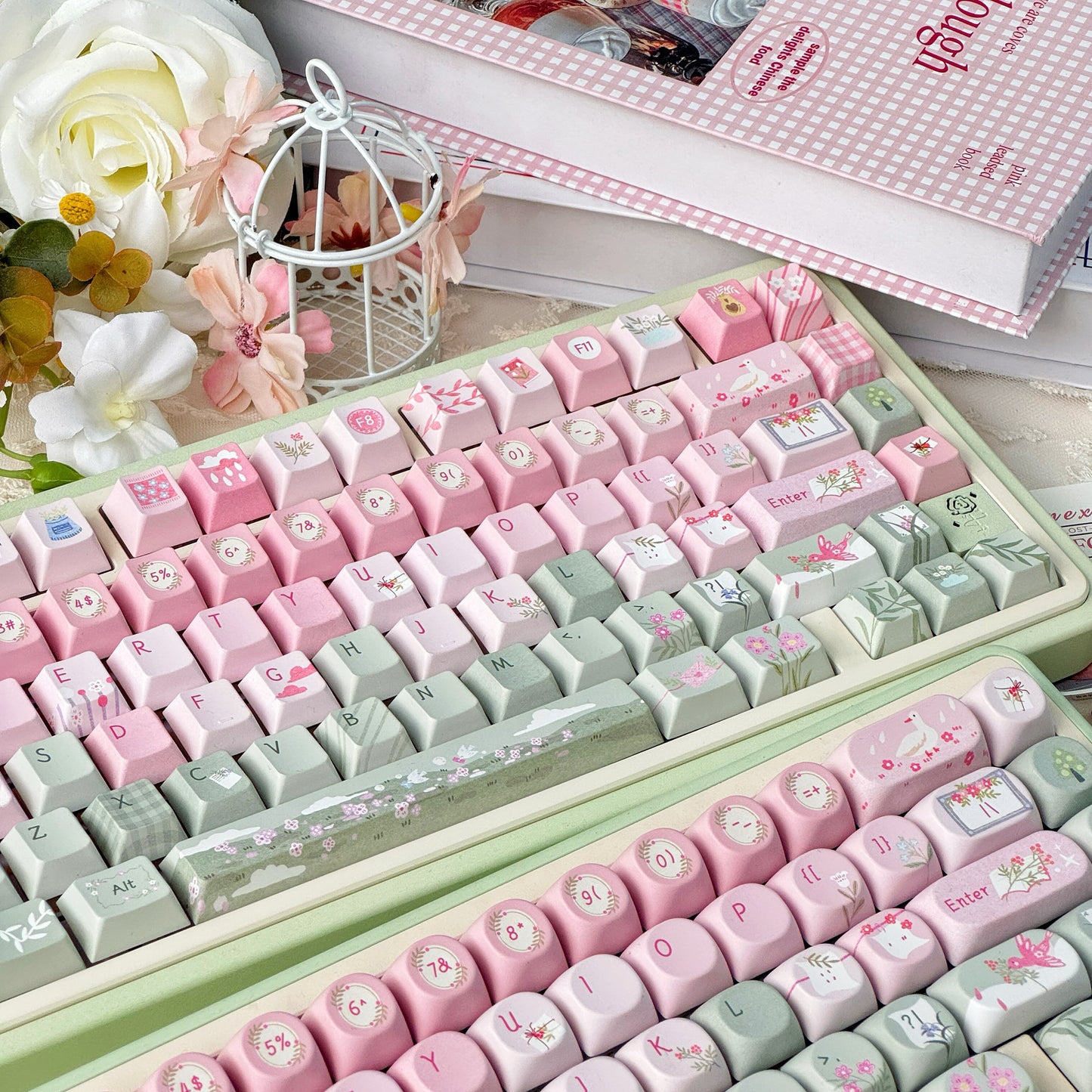 #0171 Spring Story Pink and Green Cute Keycap SOA Moa Cherry Profile Keycap Not Including Keyboard