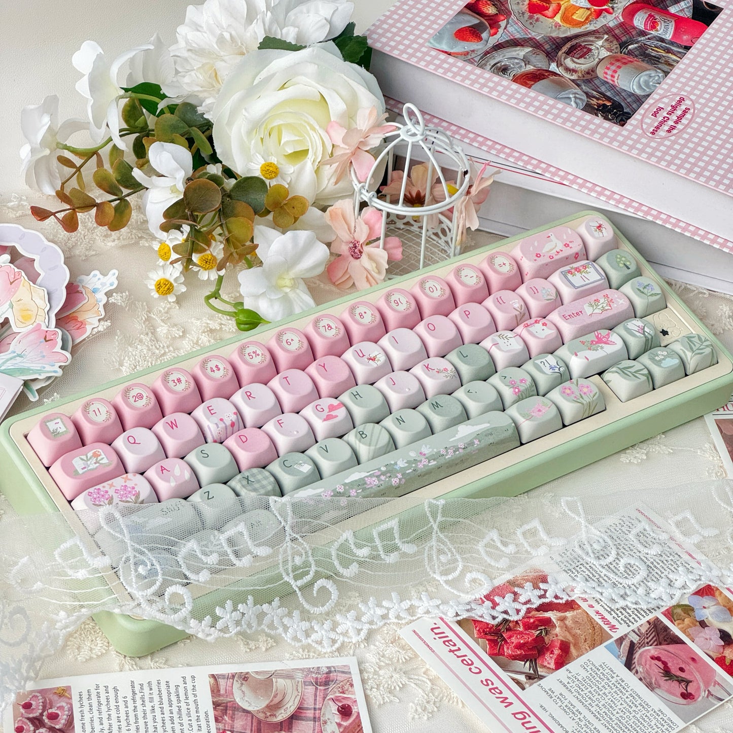 #0171 Spring Story Pink and Green Cute Keycap SOA Moa Cherry Profile Keycap Not Including Keyboard