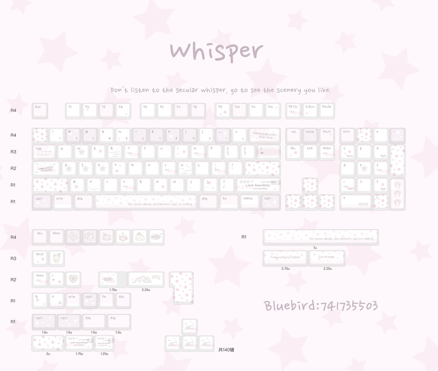 #0166 Whisper Soft Pink White Keycap Set Cherry Profile Designed By Bluebird (not Includding Keyboard)