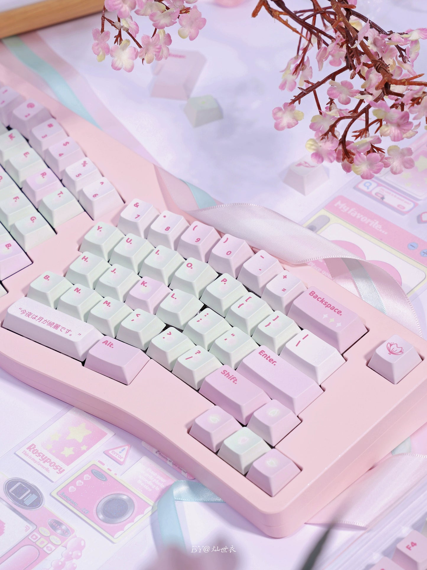 #0165 Spring Cherry Blossom Pastel Green Pink Keycap Cherry Profile Designed By Bluebird (Not Including Keyboard)