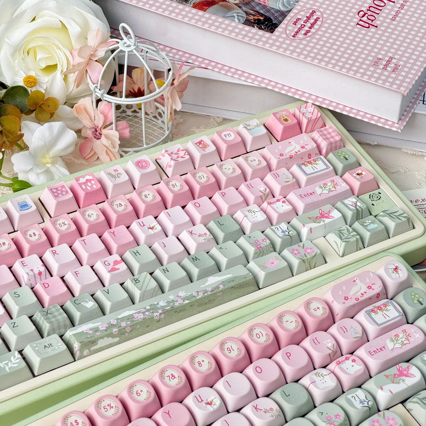 #0171 Spring Story Pink and Green Cute Keycap SOA Moa Cherry Profile Keycap Not Including Keyboard