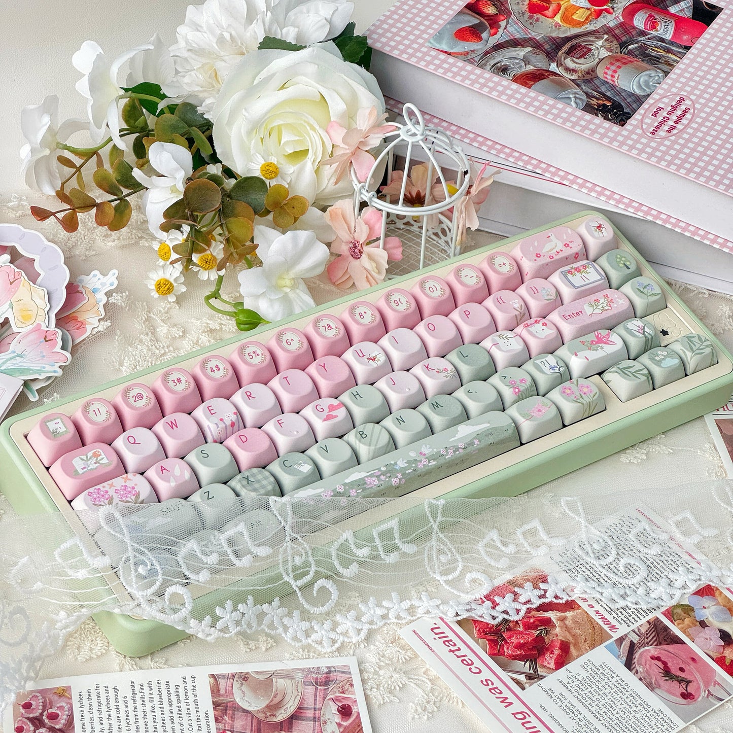 #0171 Spring Story Pink and Green Cute Keycap SOA Moa Cherry Profile Keycap Not Including Keyboard