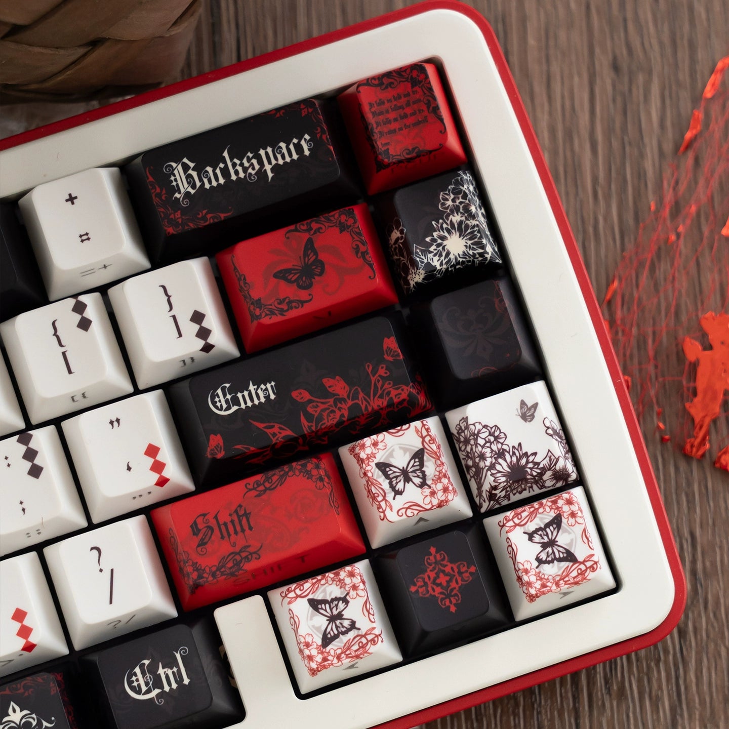 #0227 Ink Butterfly Black and Red Keycap Cherry Profile 131 Keys Side-printed Designed By URE(not including keyboard)