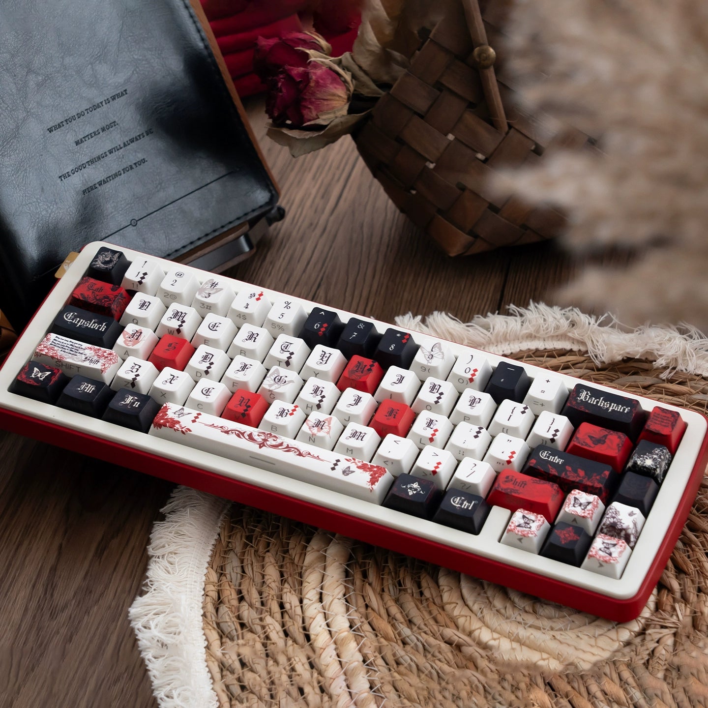 #0227 Ink Butterfly Black and Red Keycap Cherry Profile 131 Keys Side-printed Designed By URE(not including keyboard)
