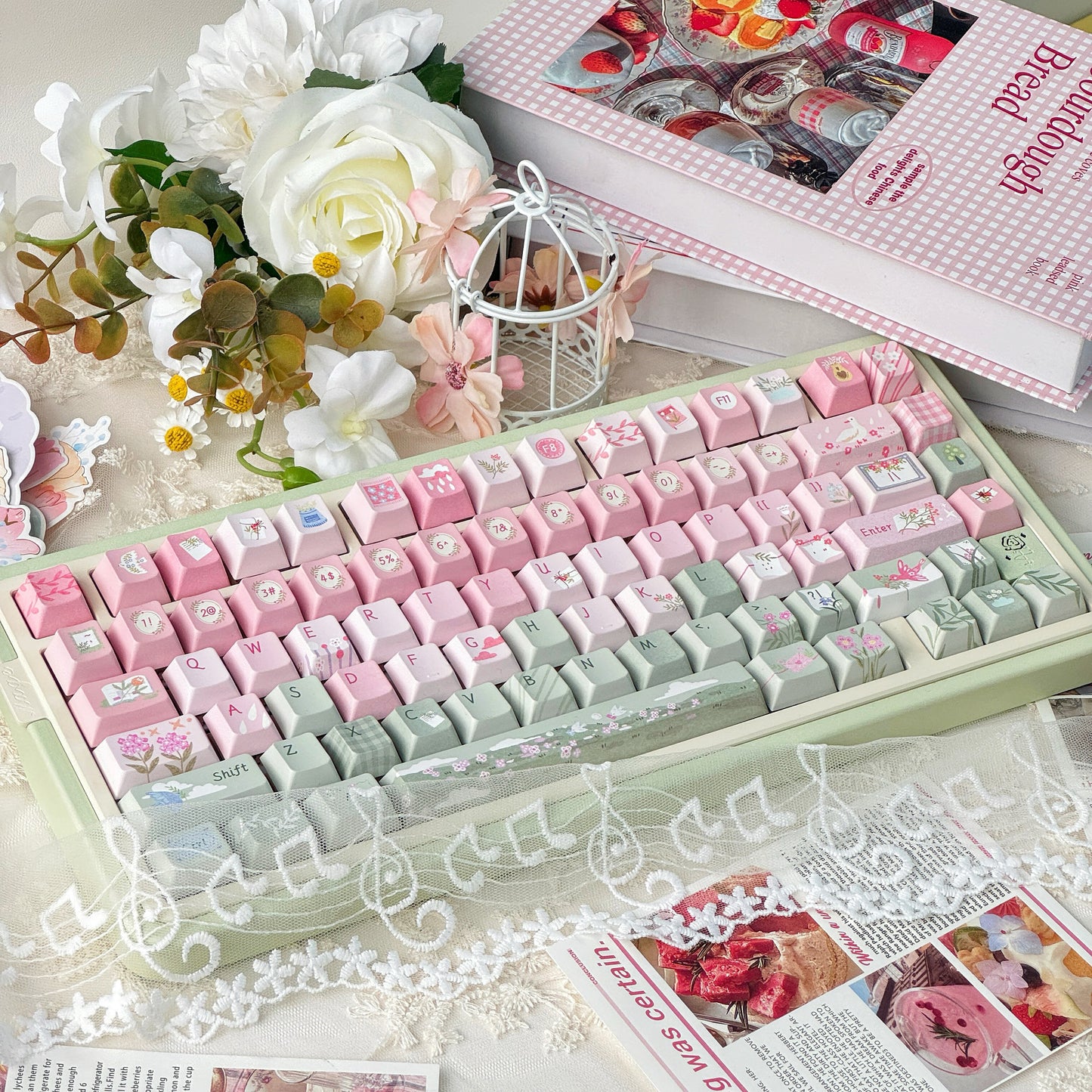 #0171 Spring Story Pink and Green Cute Keycap SOA Moa Cherry Profile Keycap Not Including Keyboard