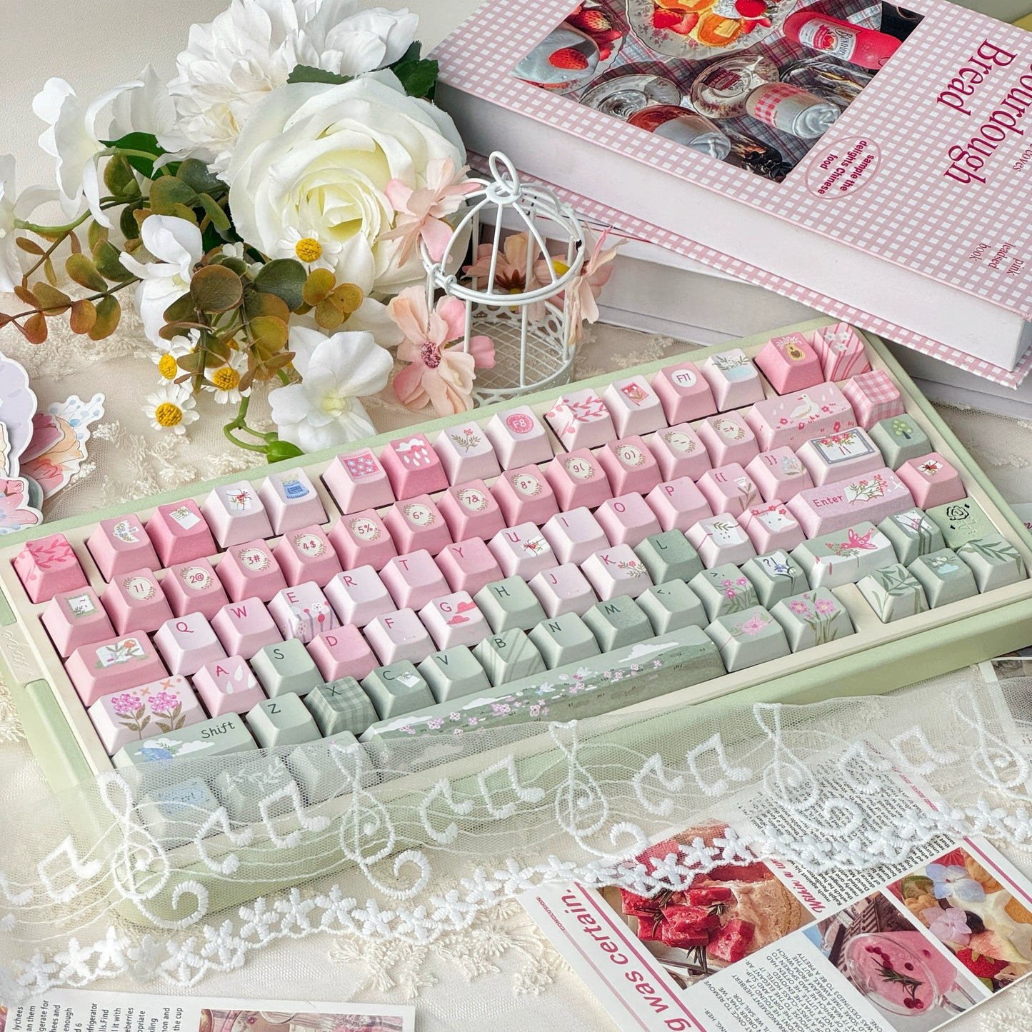 #0171 Spring Story Pink and Green Cute Keycap SOA Moa Cherry Profile Keycap Not Including Keyboard