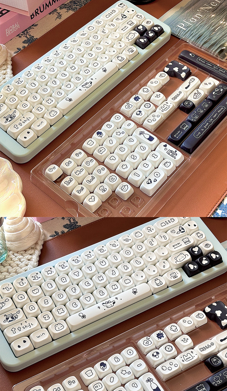 #0154 Black and White Cow Keycap PBT Material MOA Profile 141-KEYS Round Cute Classic Keycap