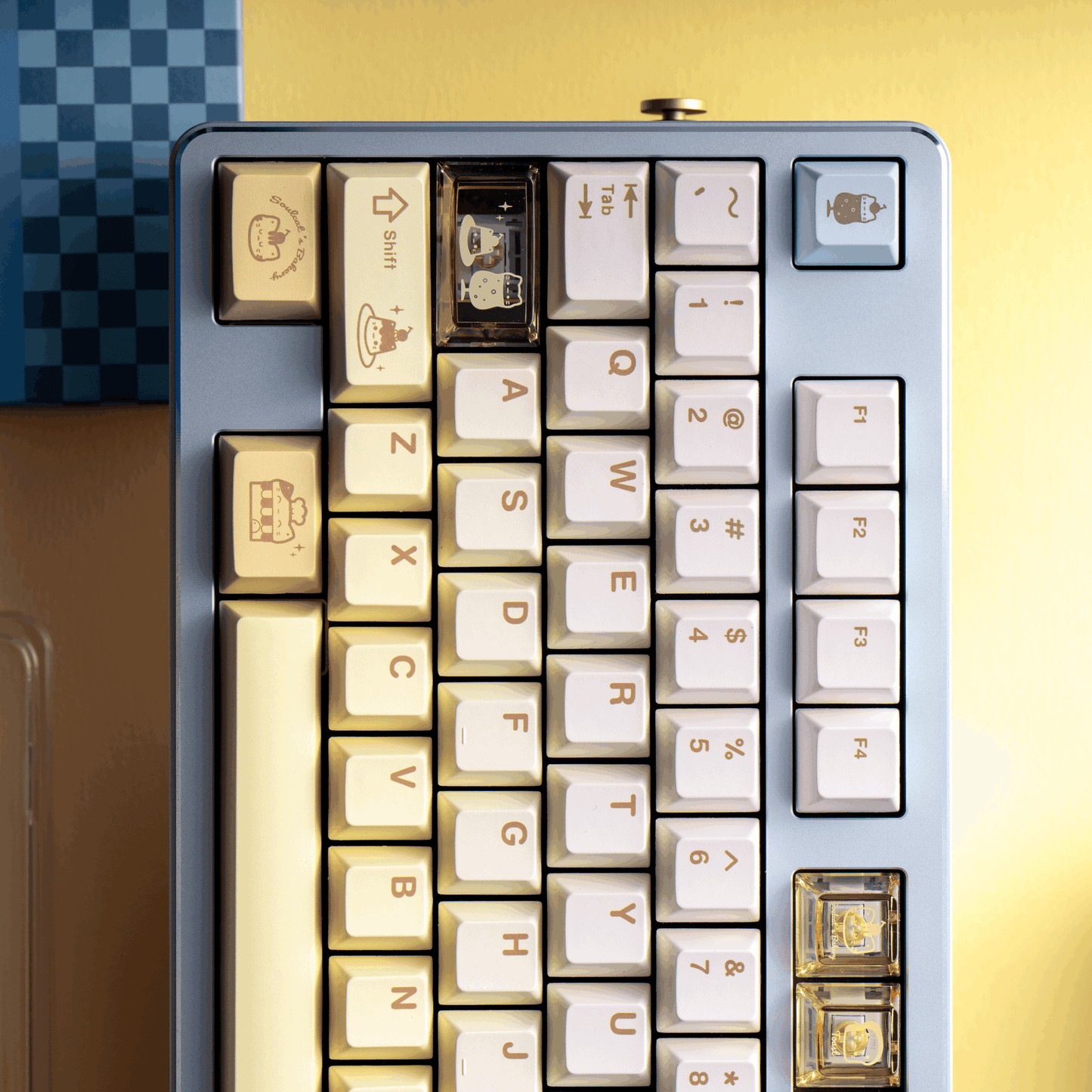 #0212 Light Yellow Pale Blue Baked Meow Cat Keycap Designed By SOULCAT (not including keyboard)