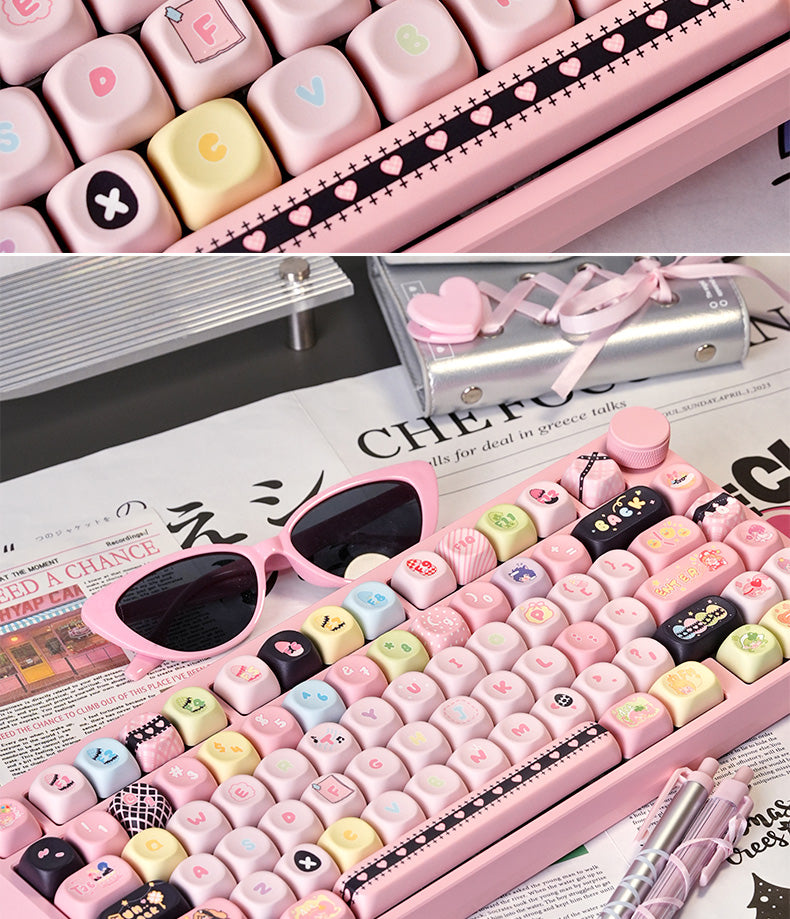 #0156 Sweetheart MOA Cute Girl Black Pink Round Doodle Keycap Set 130-keys