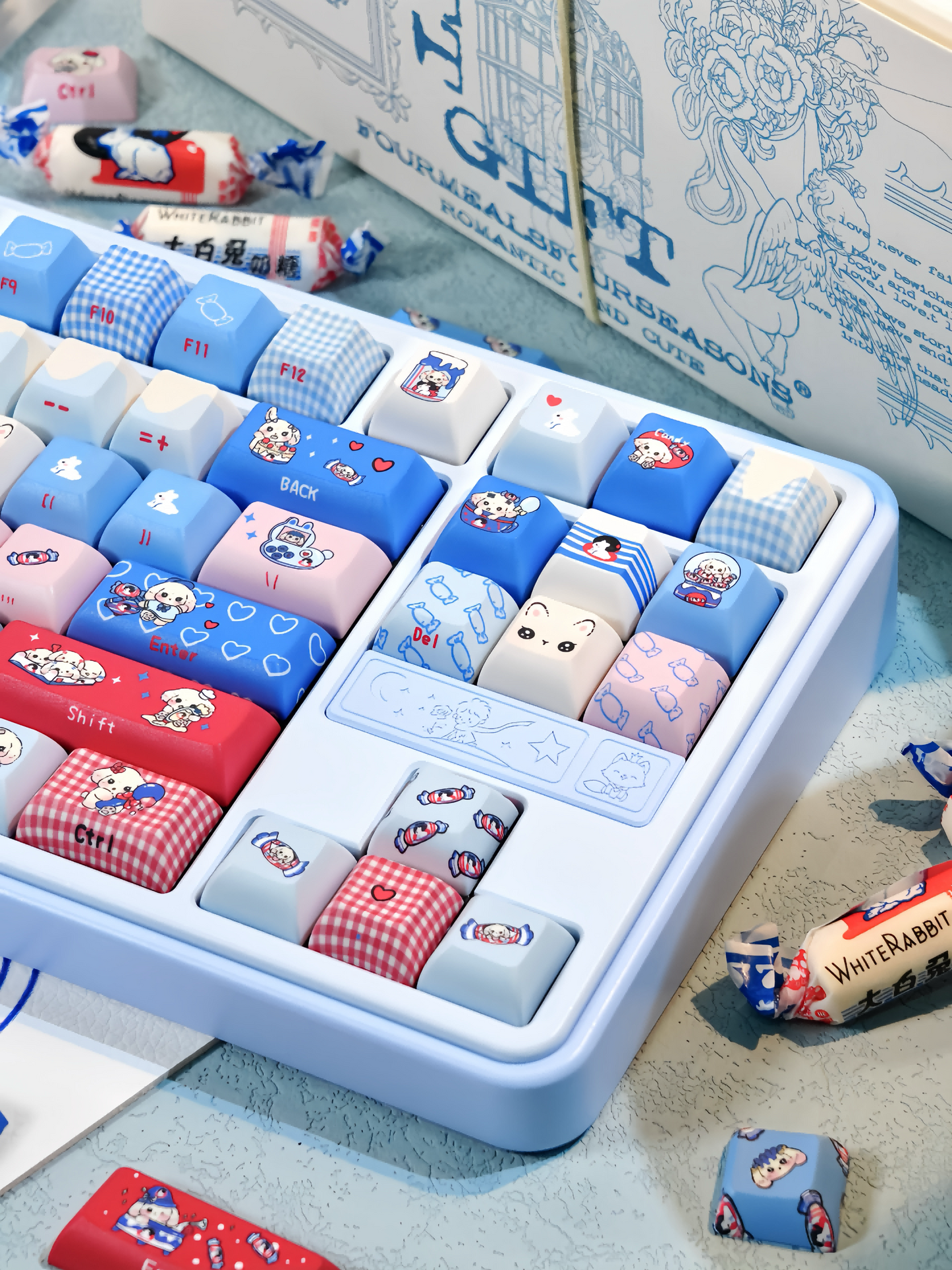 139 Rabbit KCA Profile140-key White And Blue Cute Keycap Designed By Maorbeng