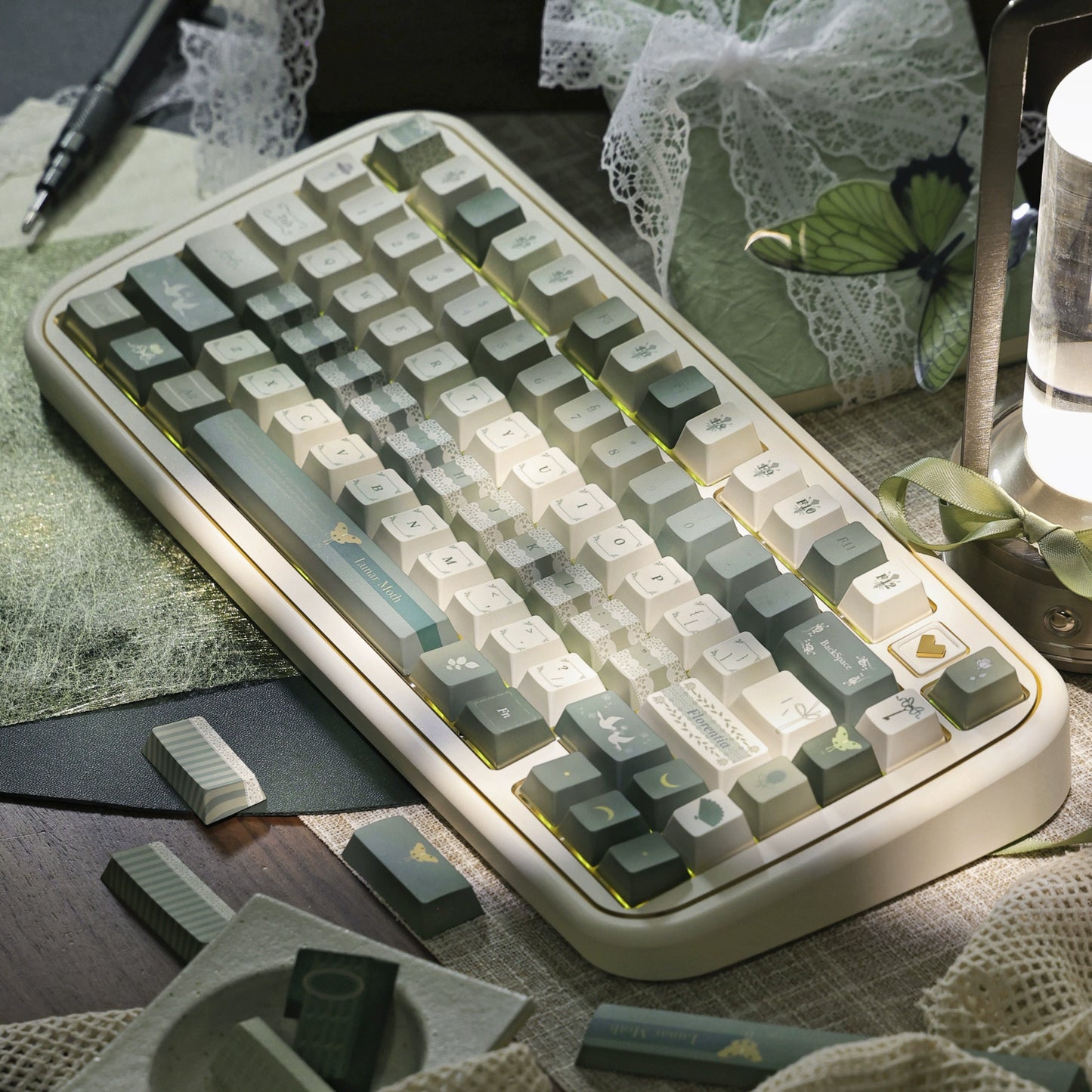 #0208 Florence Jade Green Lace Keycap Cherry Profile Designed By Sinkbox (not Including Keyboard)