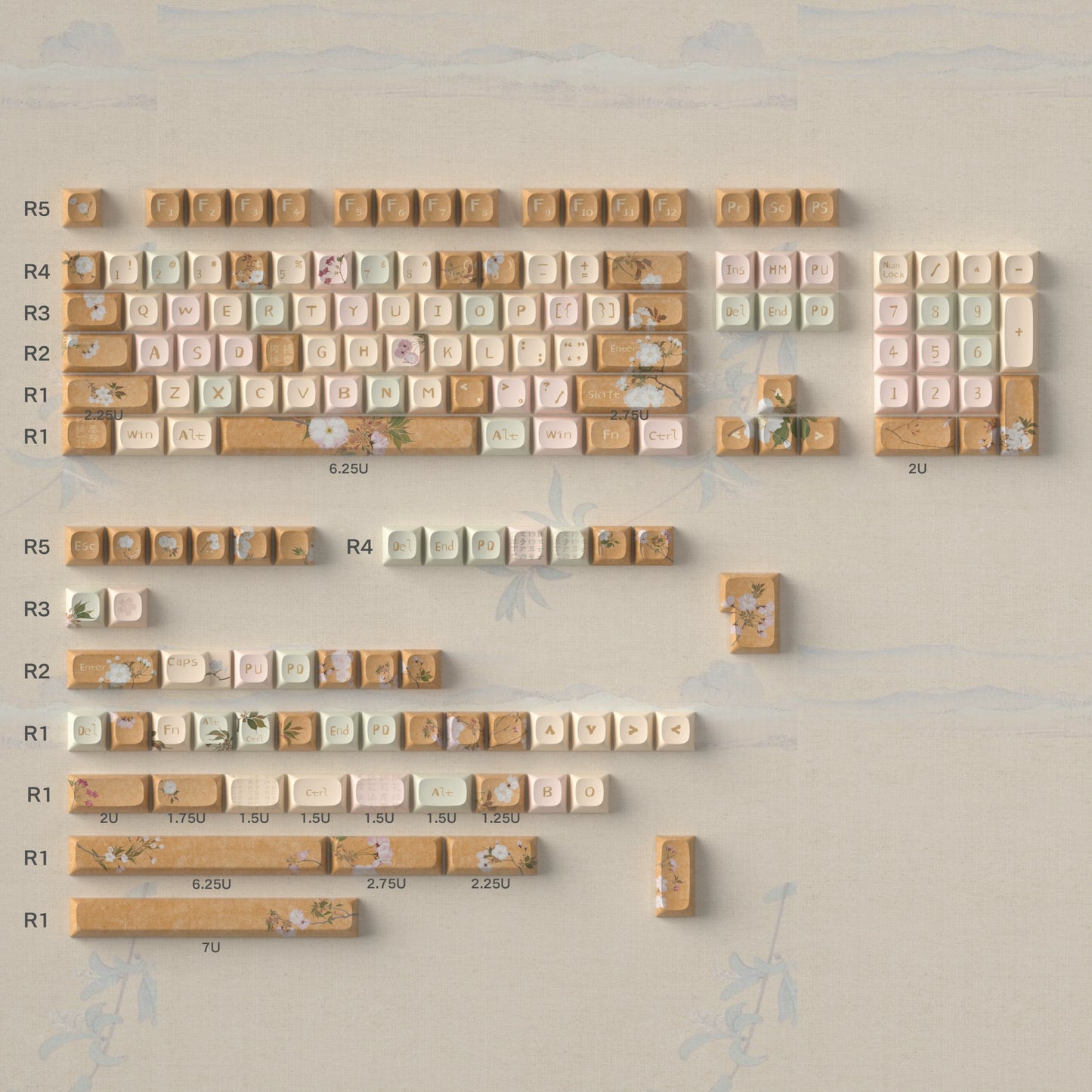 023 Blossom Peach Ginger Beige Vintage Style URE/cherry Profile 152/156 Keys Keycaps