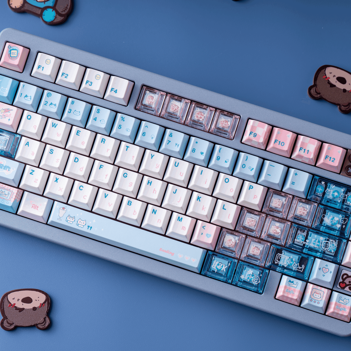 #0153 Electronic Pet Meow Cream Pale Pink Blue Cute Keycap Cherry Profile PBT + PC Transparent Light Transmission Designed By SOULCAT (ONLY KEYCAPS)