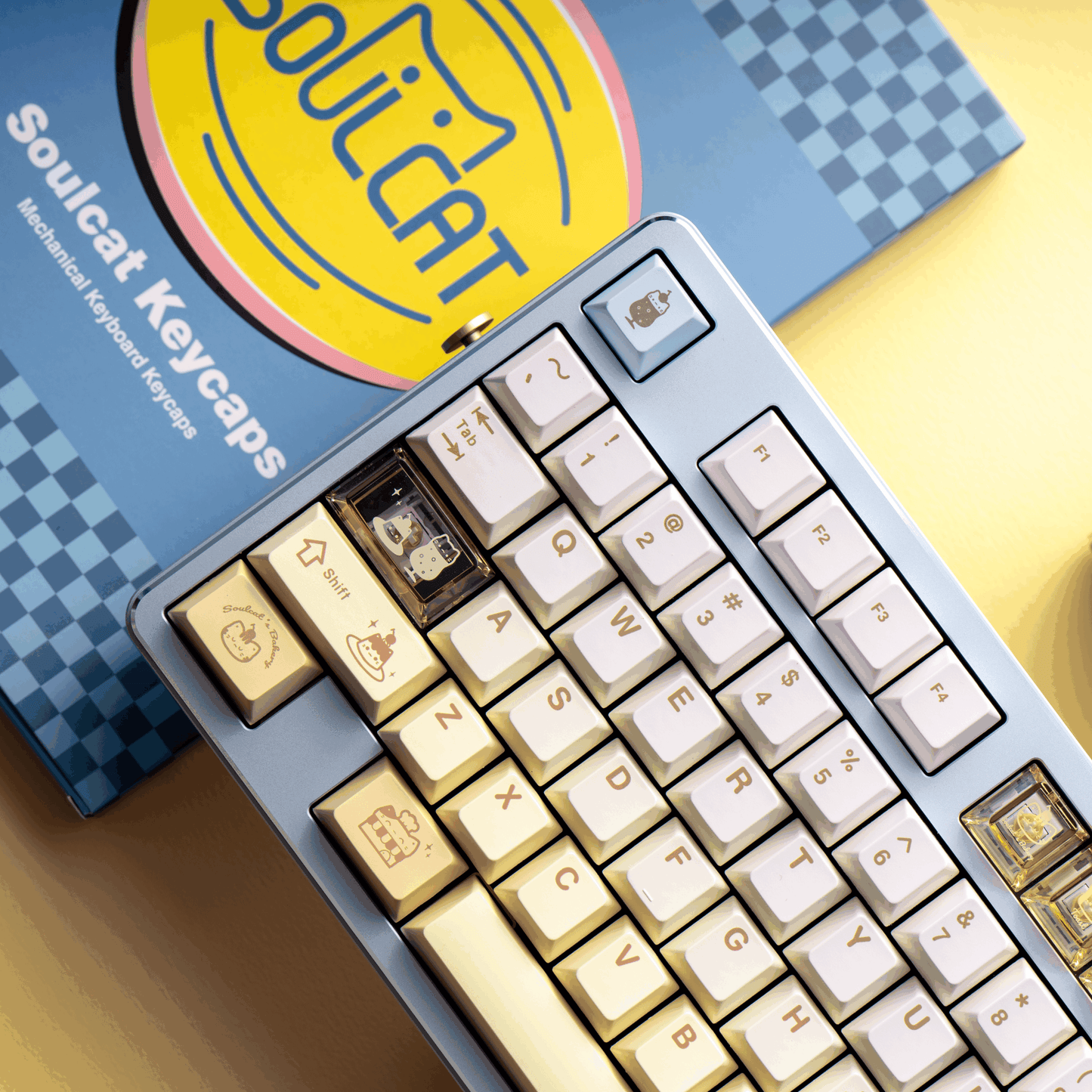 #0212 Light Yellow Pale Blue Baked Meow Cat Keycap Designed By SOULCAT (not including keyboard)