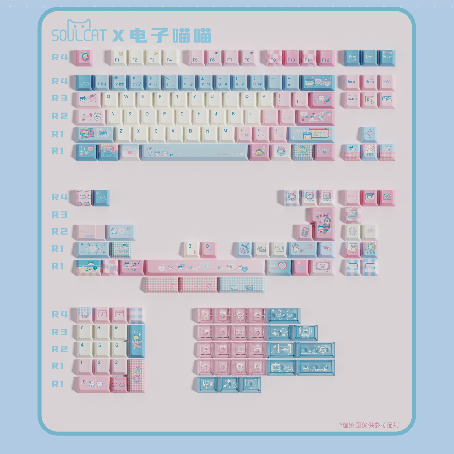#0153 Electronic Pet Meow Cream Pale Pink Blue Cute Keycap Cherry Profile PBT + PC Transparent Light Transmission Designed By SOULCAT (ONLY KEYCAPS)