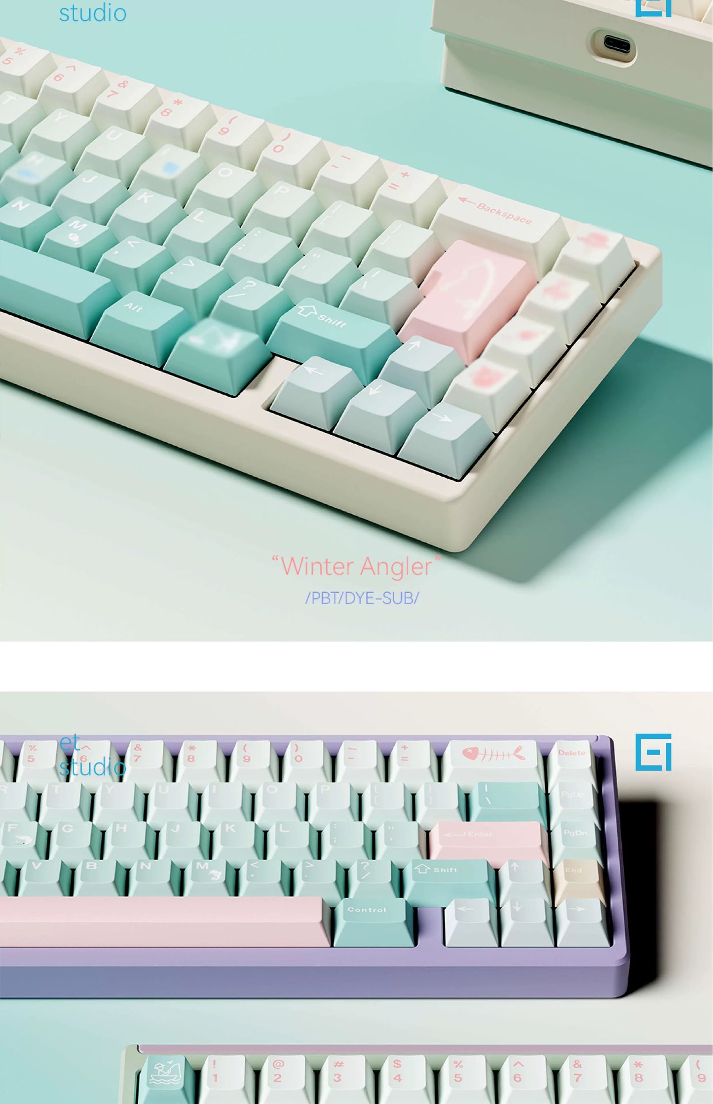 #0179 Winter Angler Tifffany Blue Gradual Change Pink Keycap Cherry Profile Designed By ET