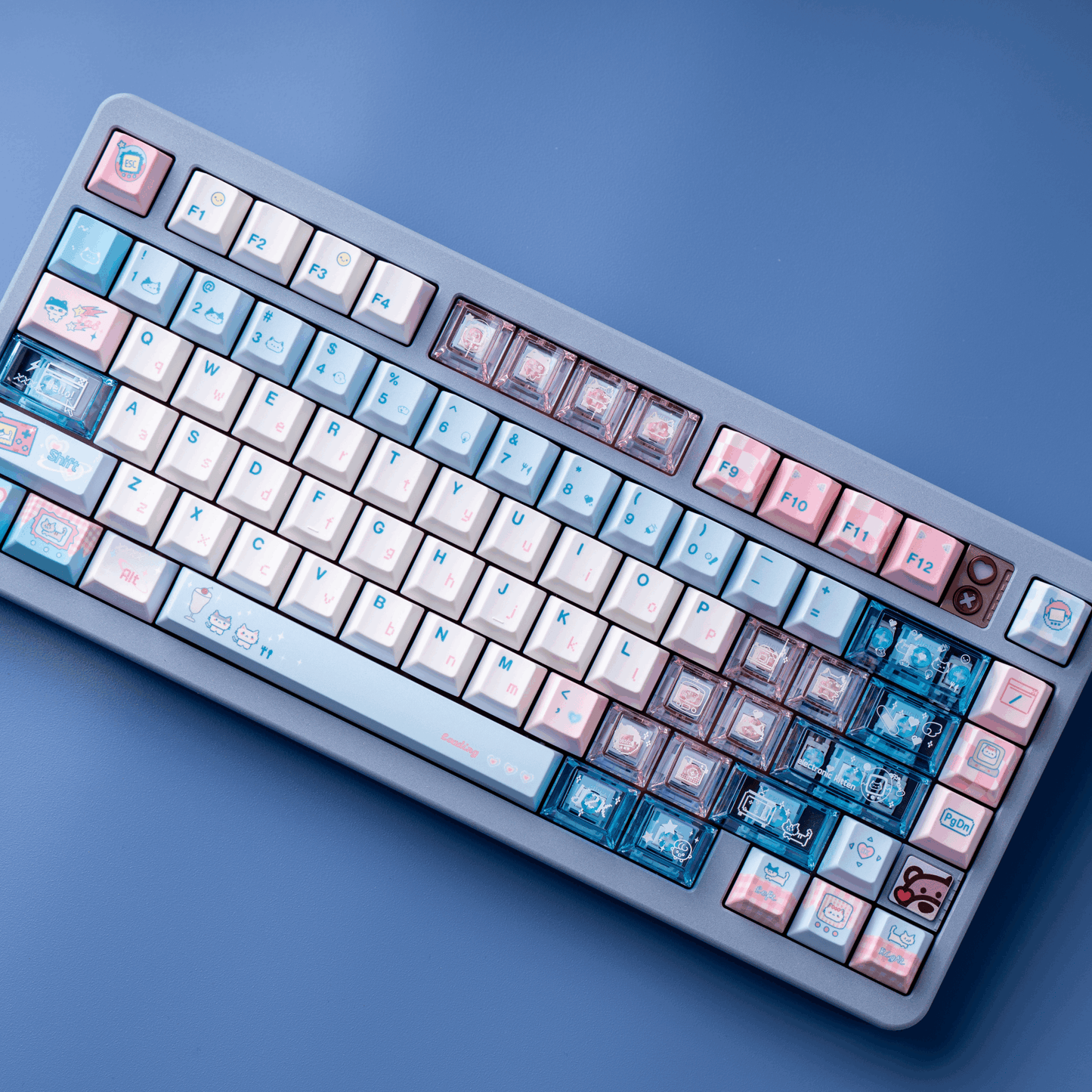 #0153 Electronic Pet Meow Cream Pale Pink Blue Cute Keycap Cherry Profile PBT + PC Transparent Light Transmission Designed By SOULCAT (ONLY KEYCAPS)