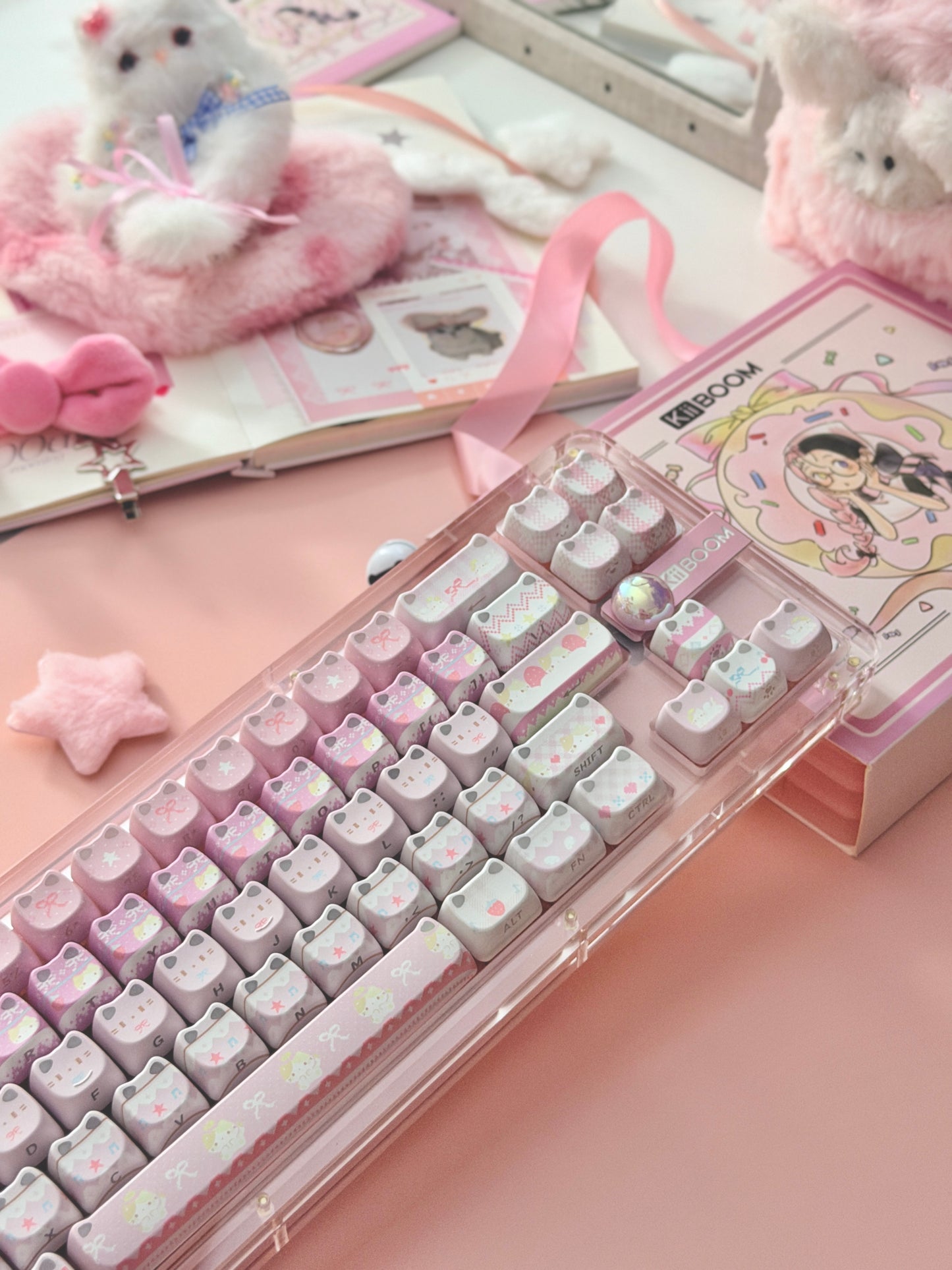 Unboxing Clearance ONLY 1 KiiBOOM Phantom 68 Pink Crystal Gasket-Mounted Mechanical Keyboard & KiiBOOM Pink Meow Keycap Set