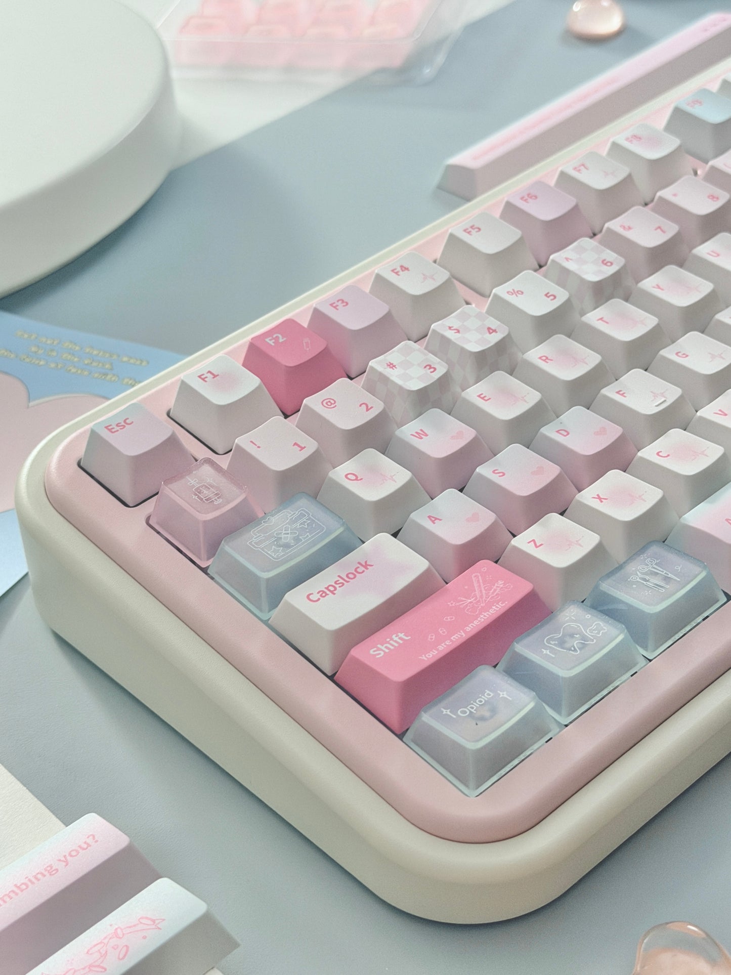 ONLY 1 Instock Creme75 Pale Pink Cream White Prebuilt Custom Aluminum Mechanical Keyboard Set ➕ Cat Pad