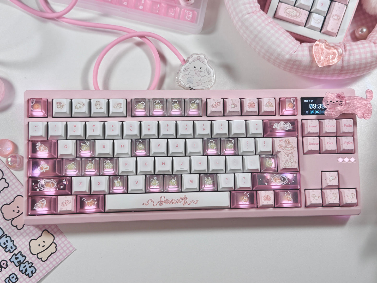 ONLY 1 Instock Prebuilt Aluminum Custom Mechanical Keyboard Pale Pink Meletrix ZOOM TKL DYNA Cat Keycap Set & Bow Pad