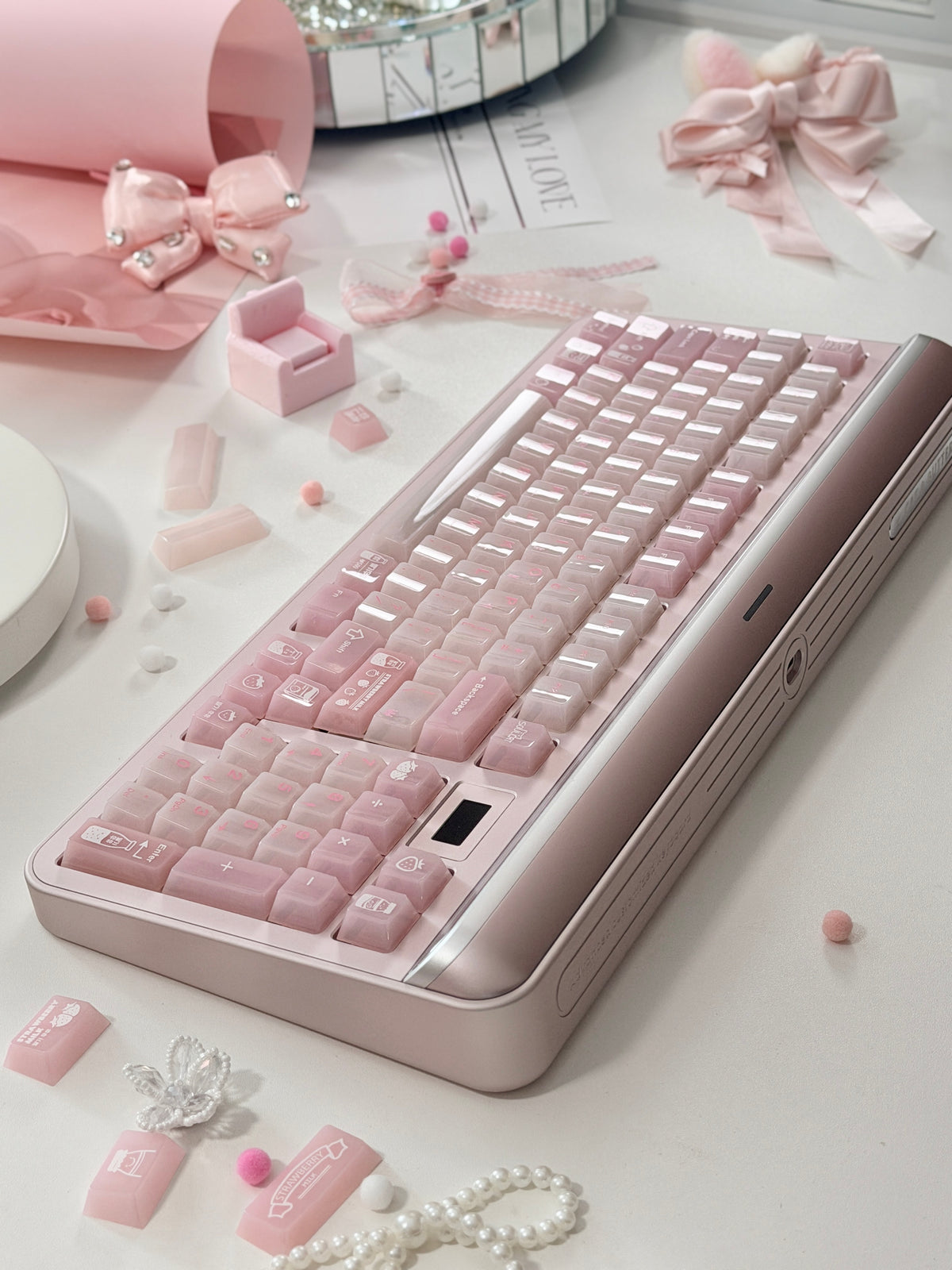 #0308 SoulCat Pink Strawberry Milk Jelly PC Keycap – Cute Romantic Keycap for Mechanical Keyboards, Kawaii Pink Cherry MX Keycap