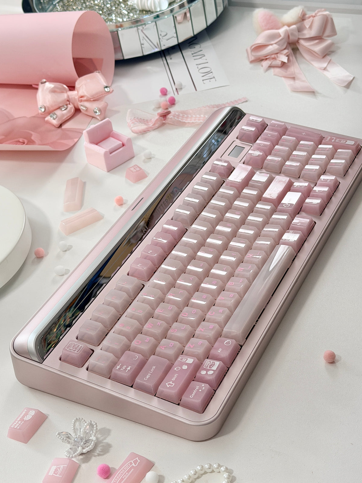 #0308 SoulCat Pink Strawberry Milk Jelly PC Keycap – Cute Romantic Keycap for Mechanical Keyboards, Kawaii Pink Cherry MX Keycap