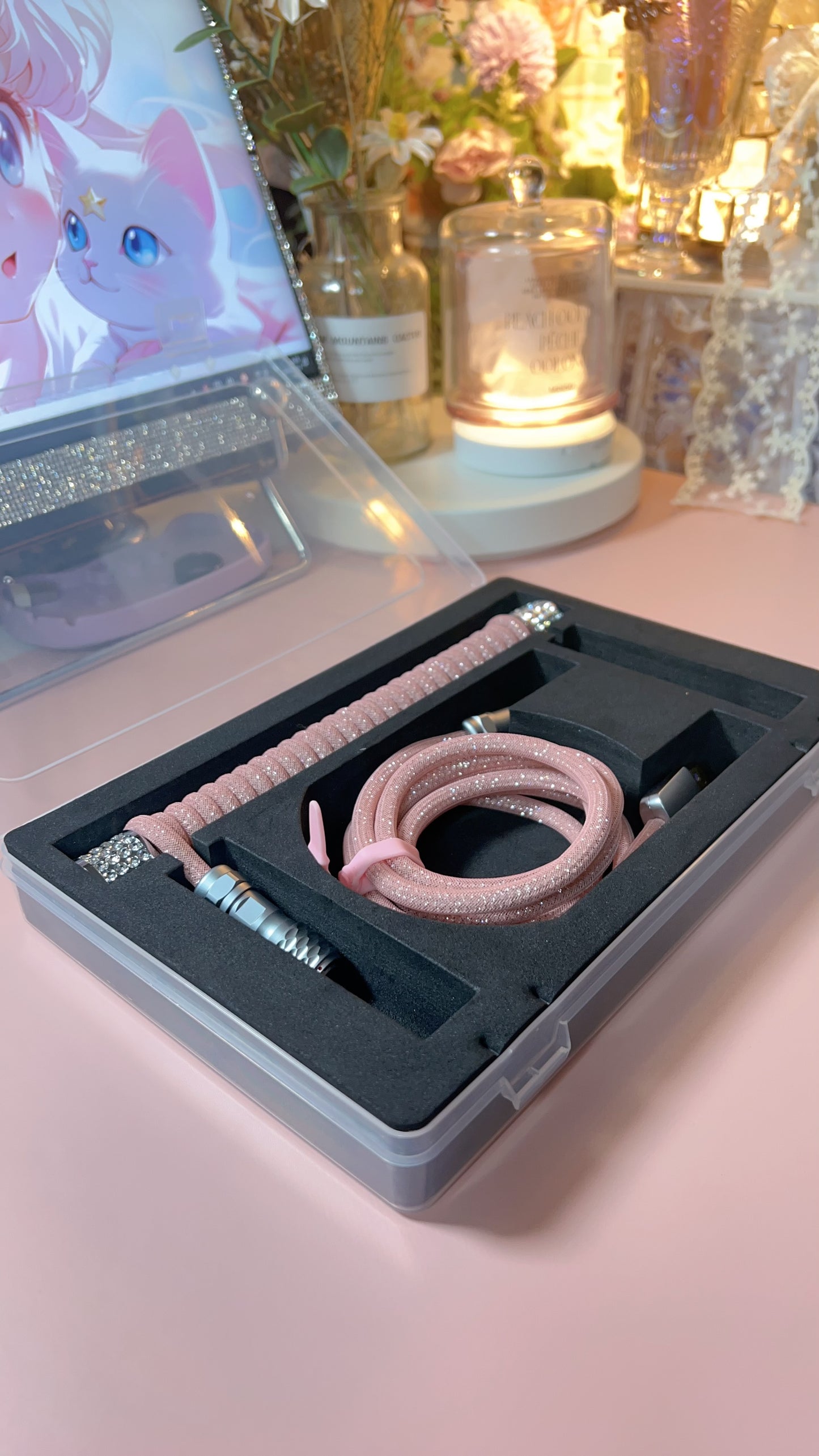 strawberryjam1986 diamond pink coiled mechanical keyboard cable set