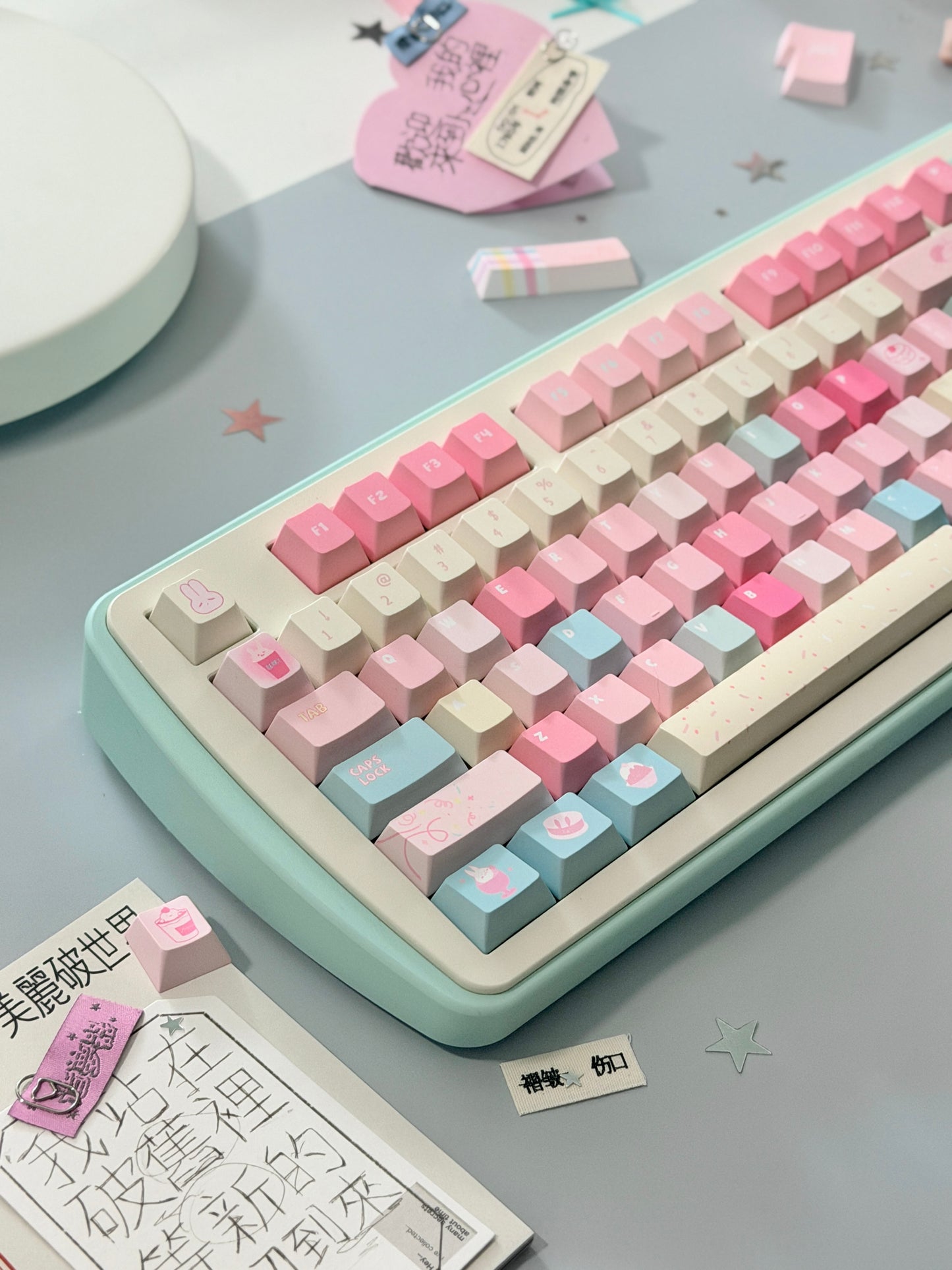 0300 Y2K Sugar Mountain Keycap Set | Pastel Pink, Blue & Cream Retro Keycaps Cherry Profile