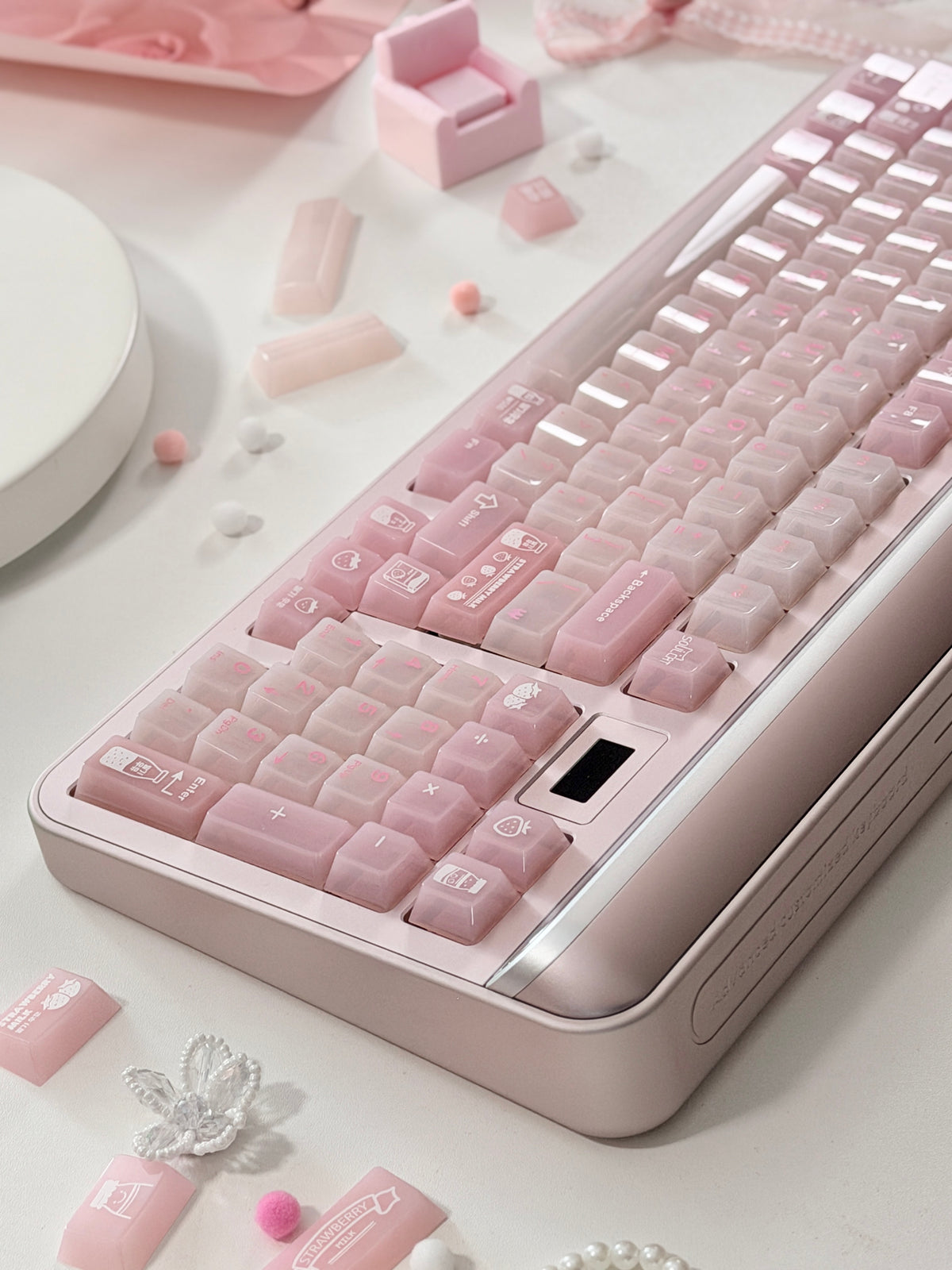 #0308 SoulCat Pink Strawberry Milk Jelly PC Keycap – Cute Romantic Keycap for Mechanical Keyboards, Kawaii Pink Cherry MX Keycap