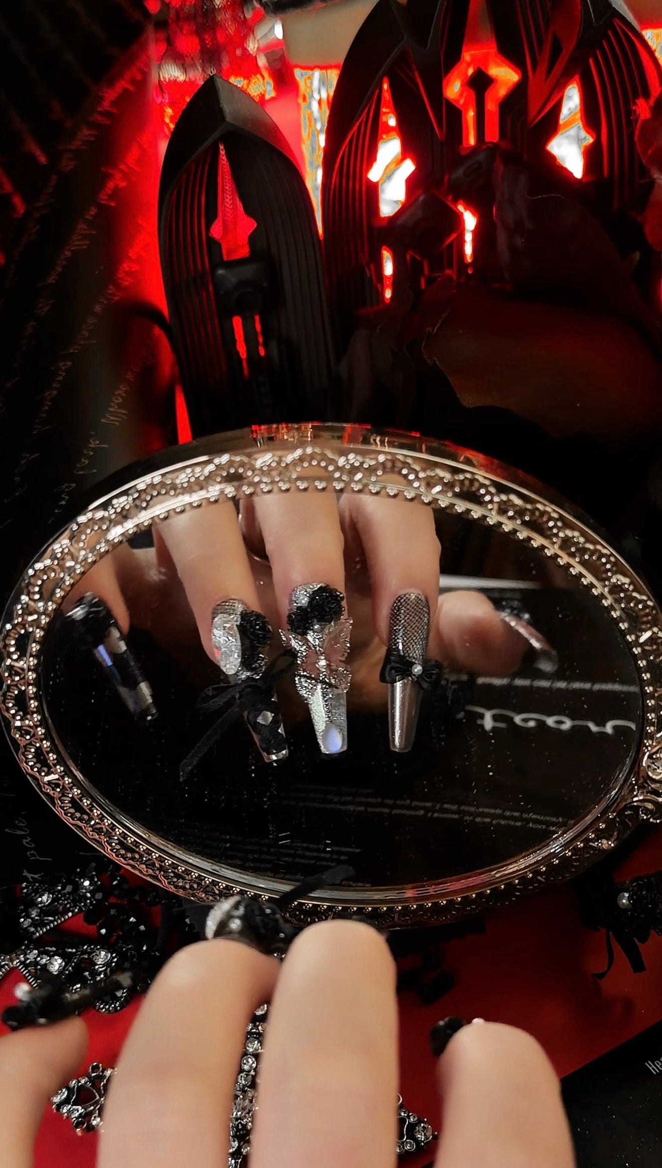 Gothic Dark Black Butterfly Lace Moonstone Press On Nails Long Coffin Handmade Paint