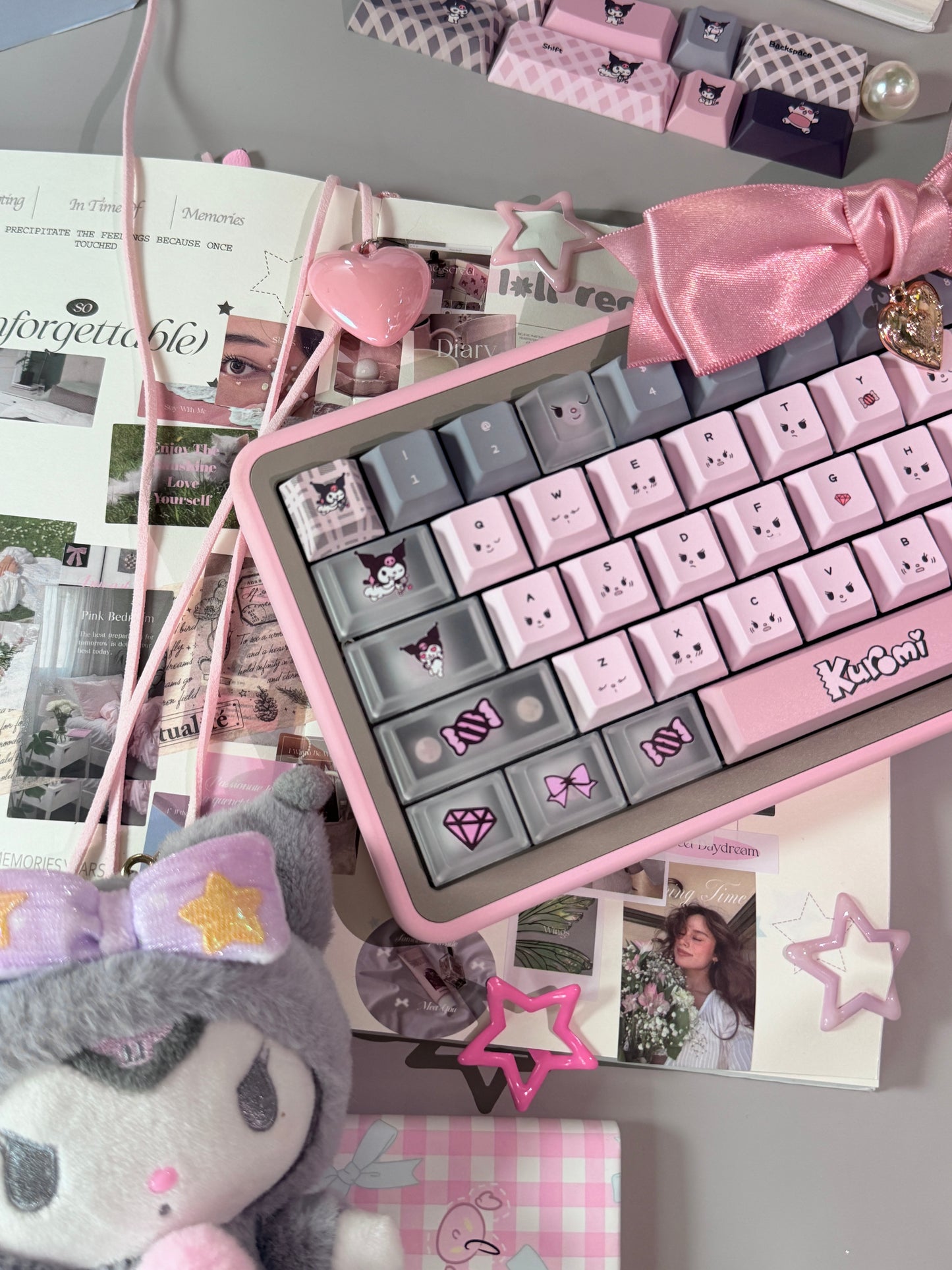 ONLY 1 INSTOCK Prebuilt Aluminum Customized Mechanical Keyboard Rose65 Grey Pink Set With Bow Pad