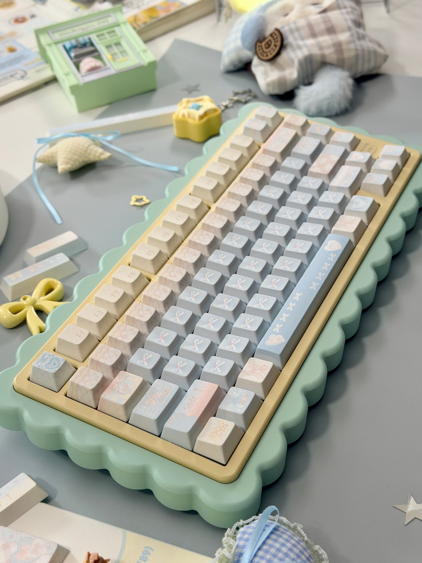 #0303 Aqua Lace Dream Garden Keycaps | Kawaii Pastel Floral & Bow PBT Keycap Set