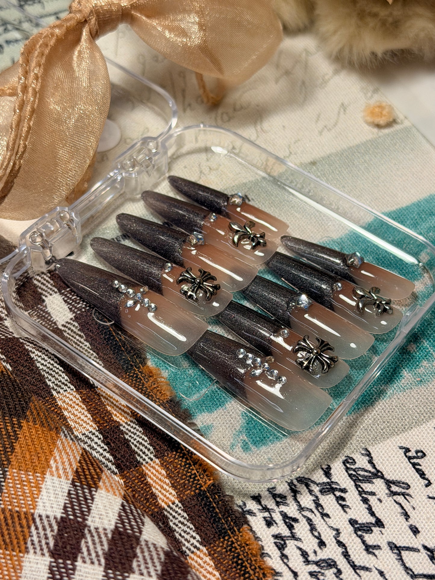 ONLY 1 Instock Designer False Nails Chrome Hearts Smoky Coffee Fine Shimmer French Style Long Press-On Nails(#889）