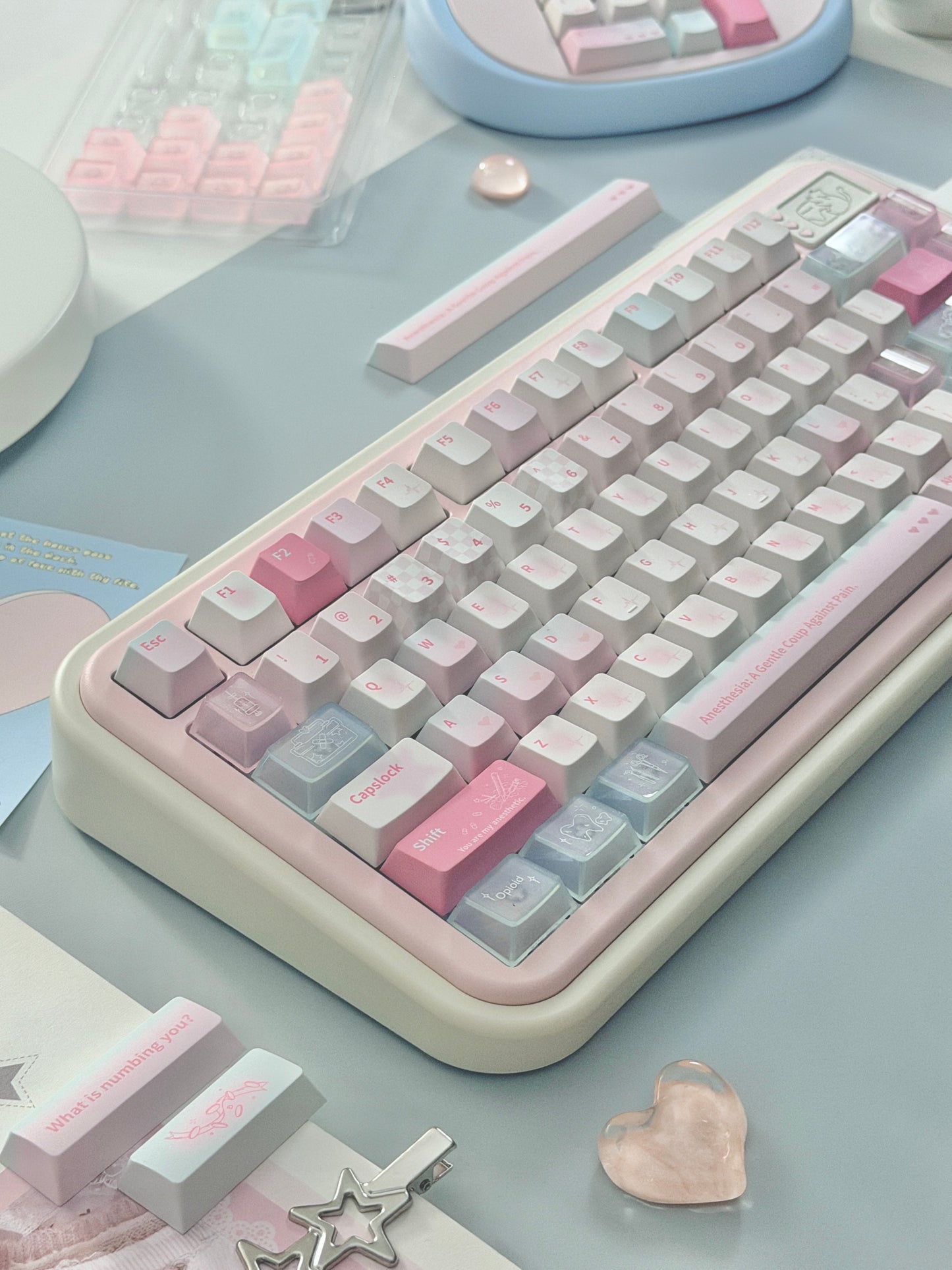 ONLY 1 Instock Creme75 Pale Pink Cream White Prebuilt Custom Aluminum Mechanical Keyboard Set ➕ Cat Pad
