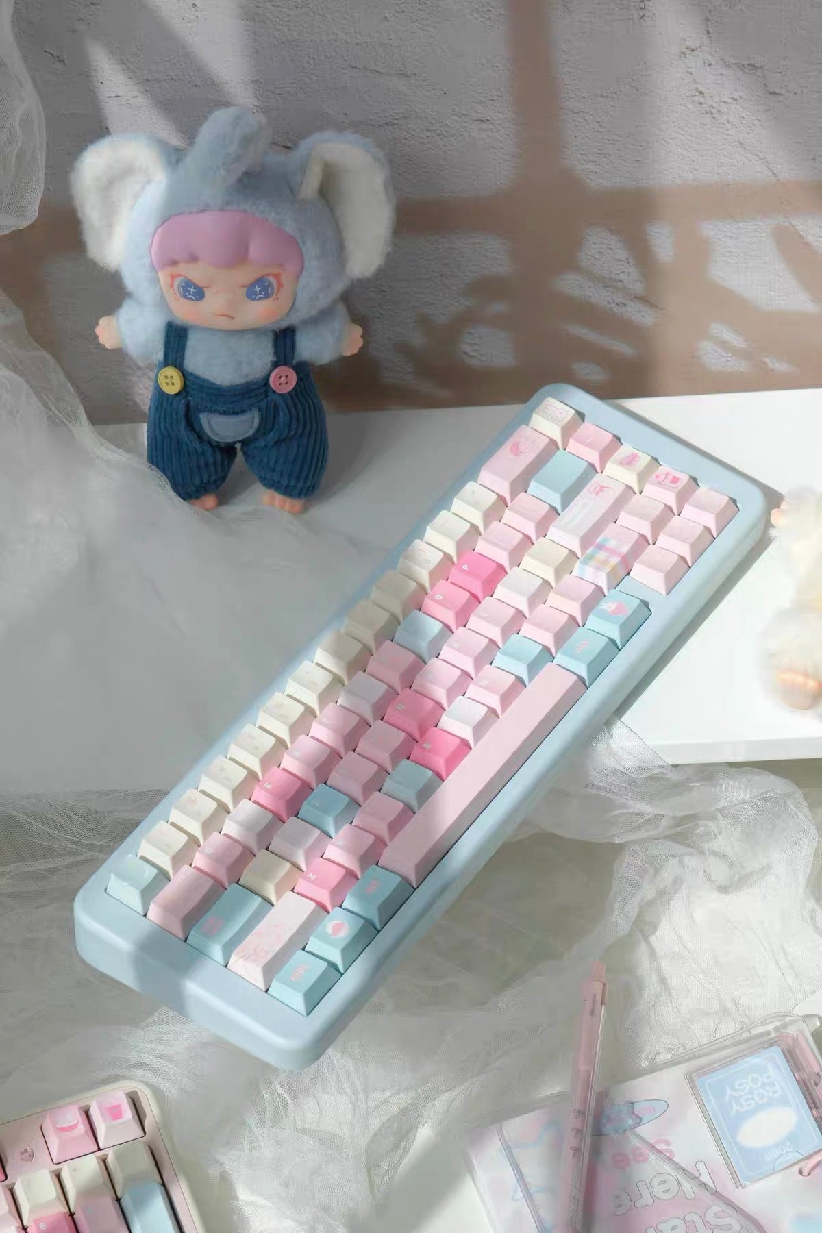 0300 Y2K Sugar Mountain Keycap Set | Pastel Pink, Blue & Cream Retro Keycaps Cherry Profile