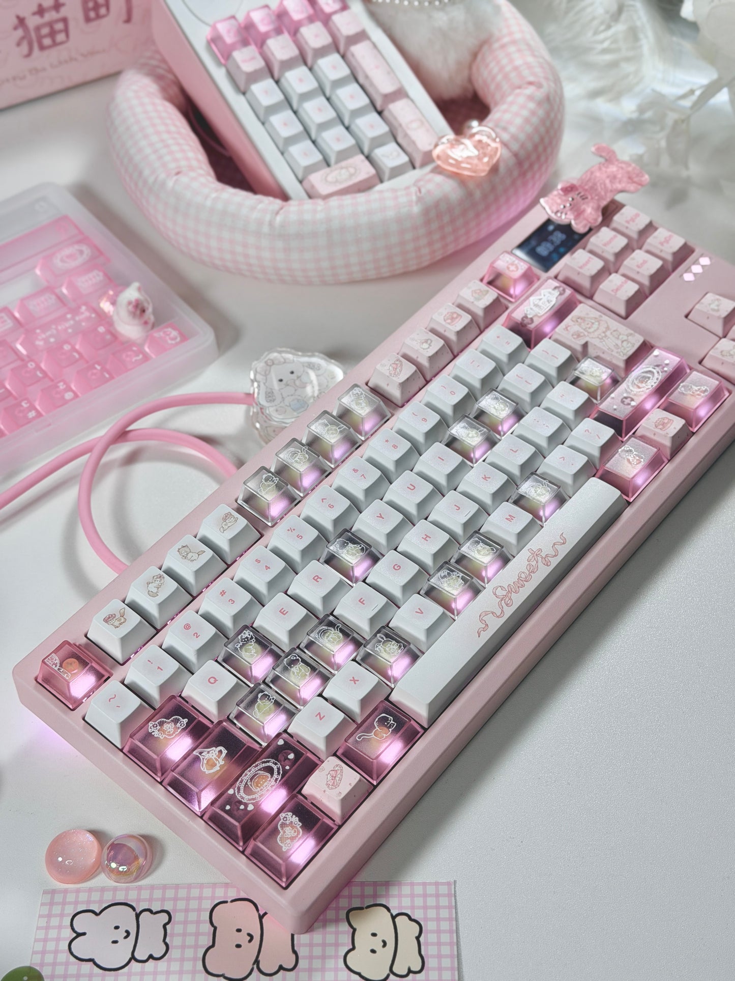 ONLY 1 Instock Prebuilt Aluminum Custom Mechanical Keyboard Pale Pink Meletrix ZOOM TKL DYNA Cat Keycap Set & Bow Pad