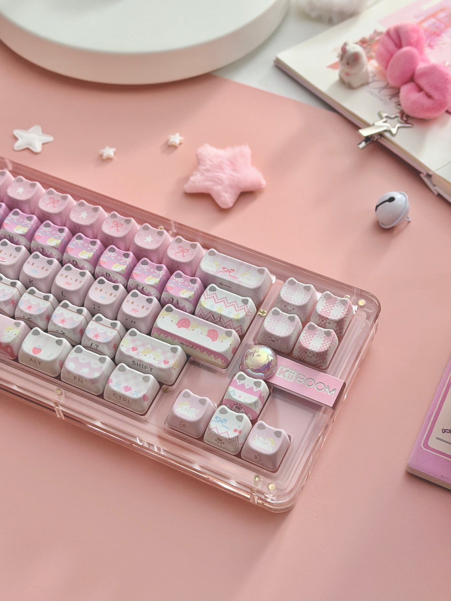 Unboxing Clearance ONLY 1 KiiBOOM Phantom 68 Pink Crystal Gasket-Mounted Mechanical Keyboard & KiiBOOM Pink Meow Keycap Set