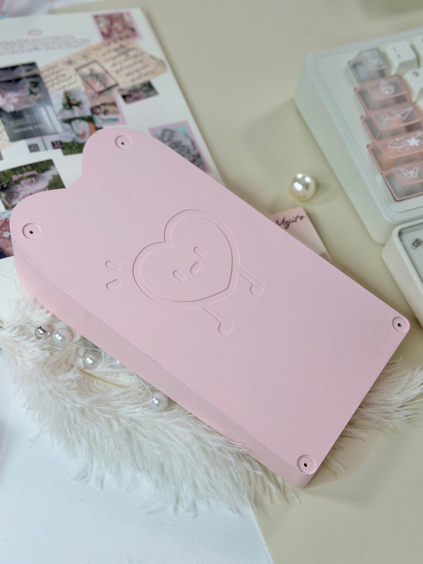 ONLY 1 Instock Prebuilt Aluminum Customized Mechanical Keyboard Staralice Cream White Set With Wristrest & Bow Pad