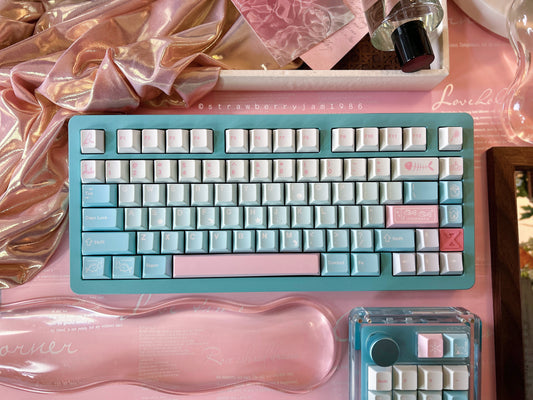 ONLY 1 Instock Prebuilt Aluminum Customized Mechanical Keyboard Buff75 Tiffany Blue Pink Set （not including number pad or Wristrest）
