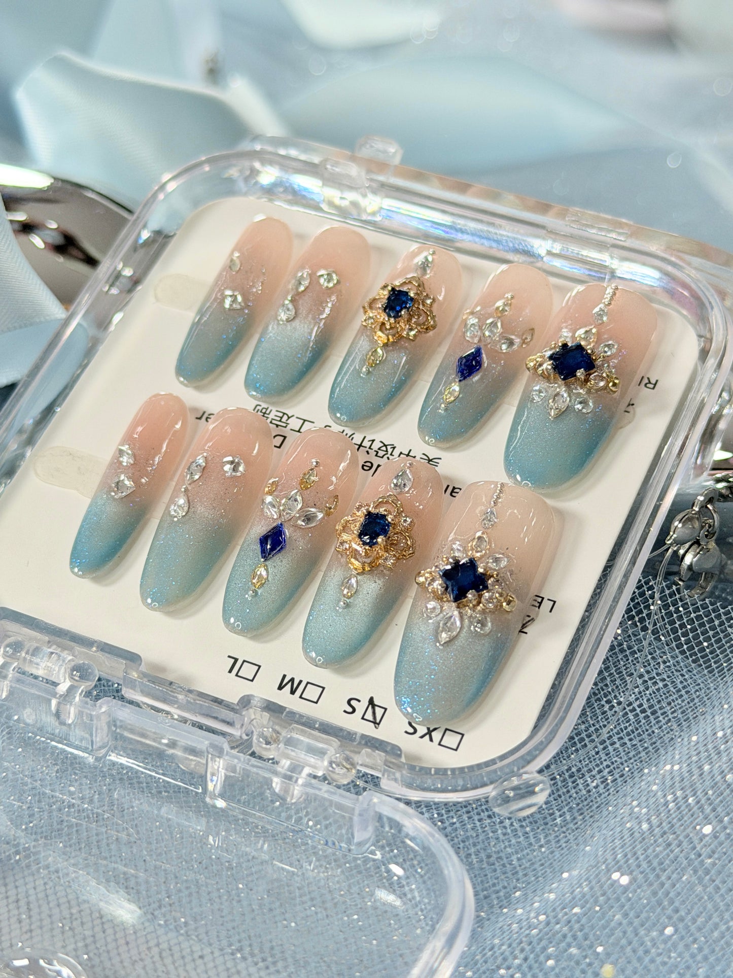 Crystal Blue Press On Nails Shimmering Diamond Cat-Eye Long Oval Handmade Nail Arts