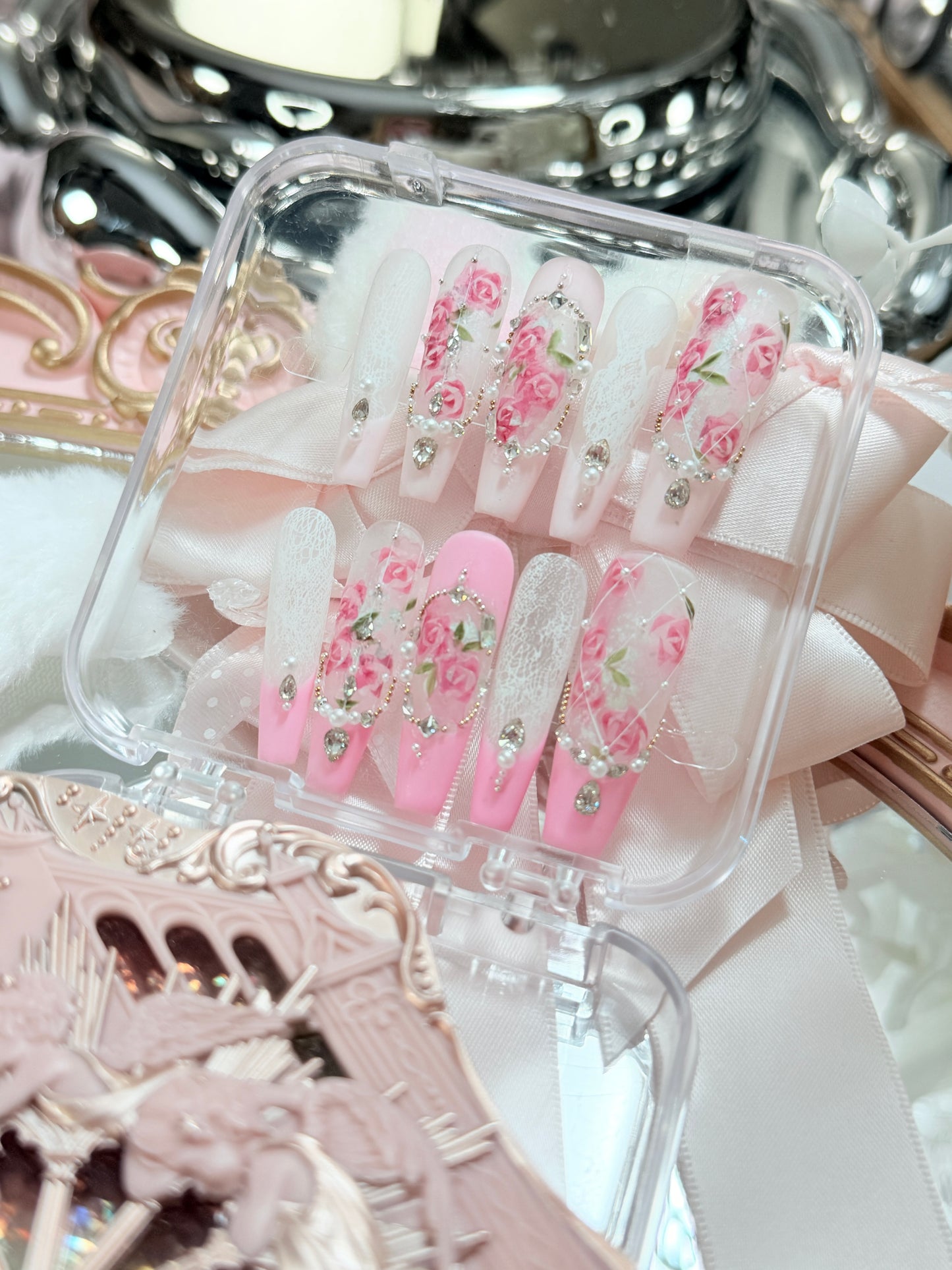 Barbie Pink Lace Flower Matte Finish Press On Nails Long Coffin Handmade With Diamond Pearl Beads