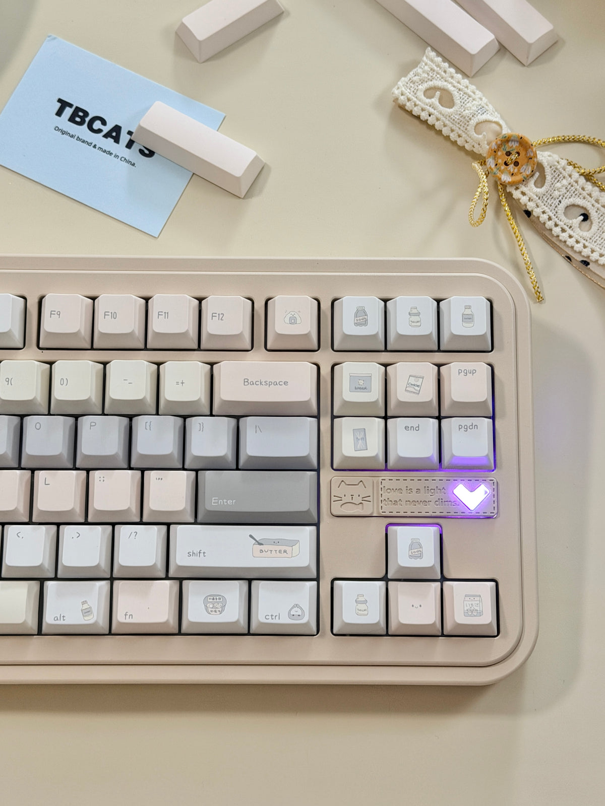 #0315 Tbcats Pastel Cream & Misty Blue Cute Keycap Set | Soft Aesthetic Mechanical Keyboard Keycaps | Kawaii Minimalist Custom Keycaps