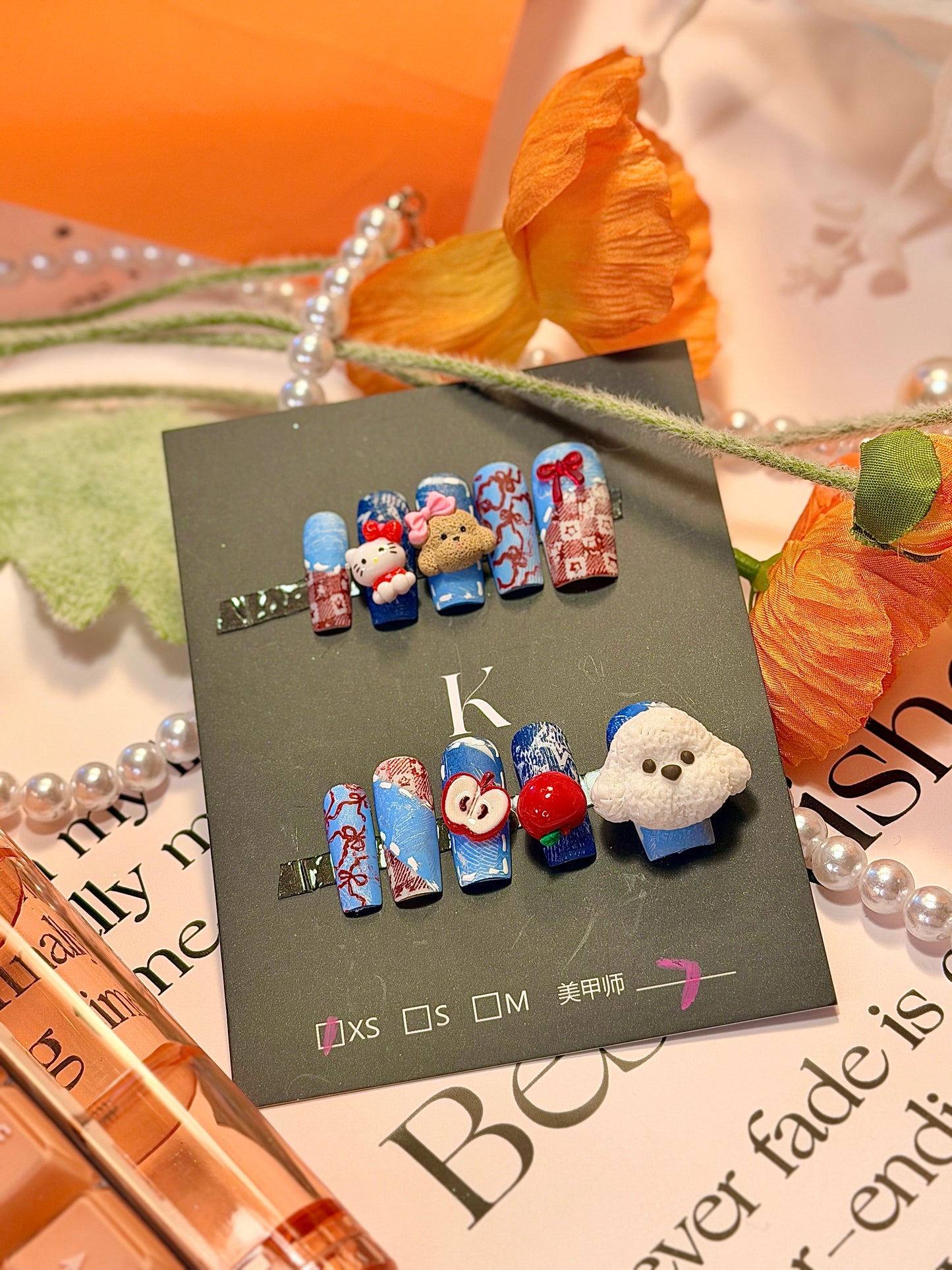 Kawaii Puppy Kitty 3D Red Apple Bow Denim Jeans Pattern Press On Nails Long Pipe