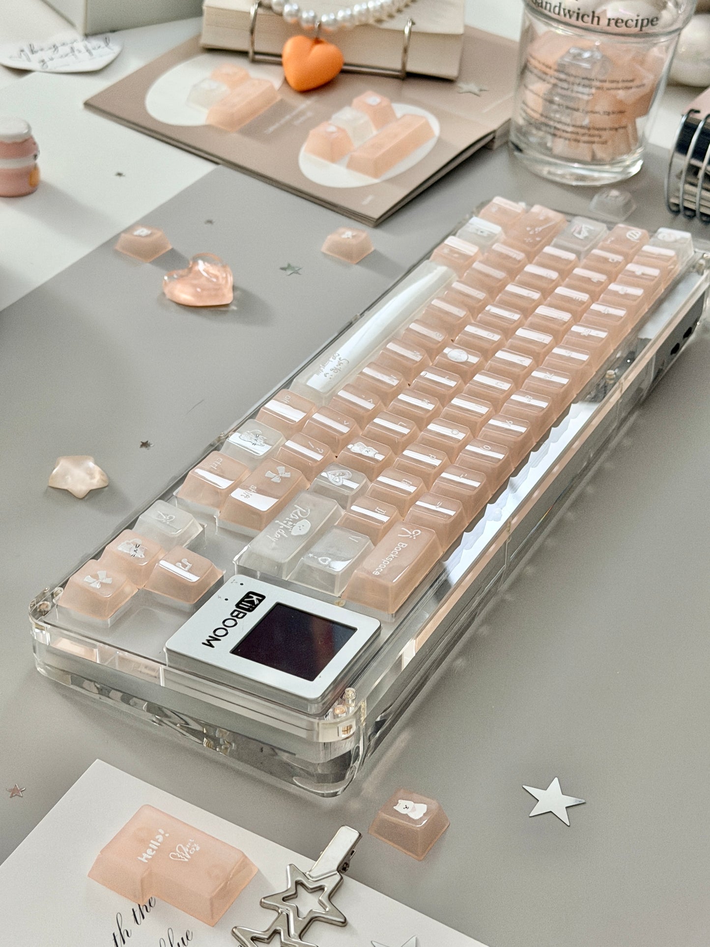 Unboxing Sample For Sale ONLY 1 Instock KiiBOOM Phantom 64 Clear Crystal Acrylic Keyboard + custom Peach Pink Keycaps