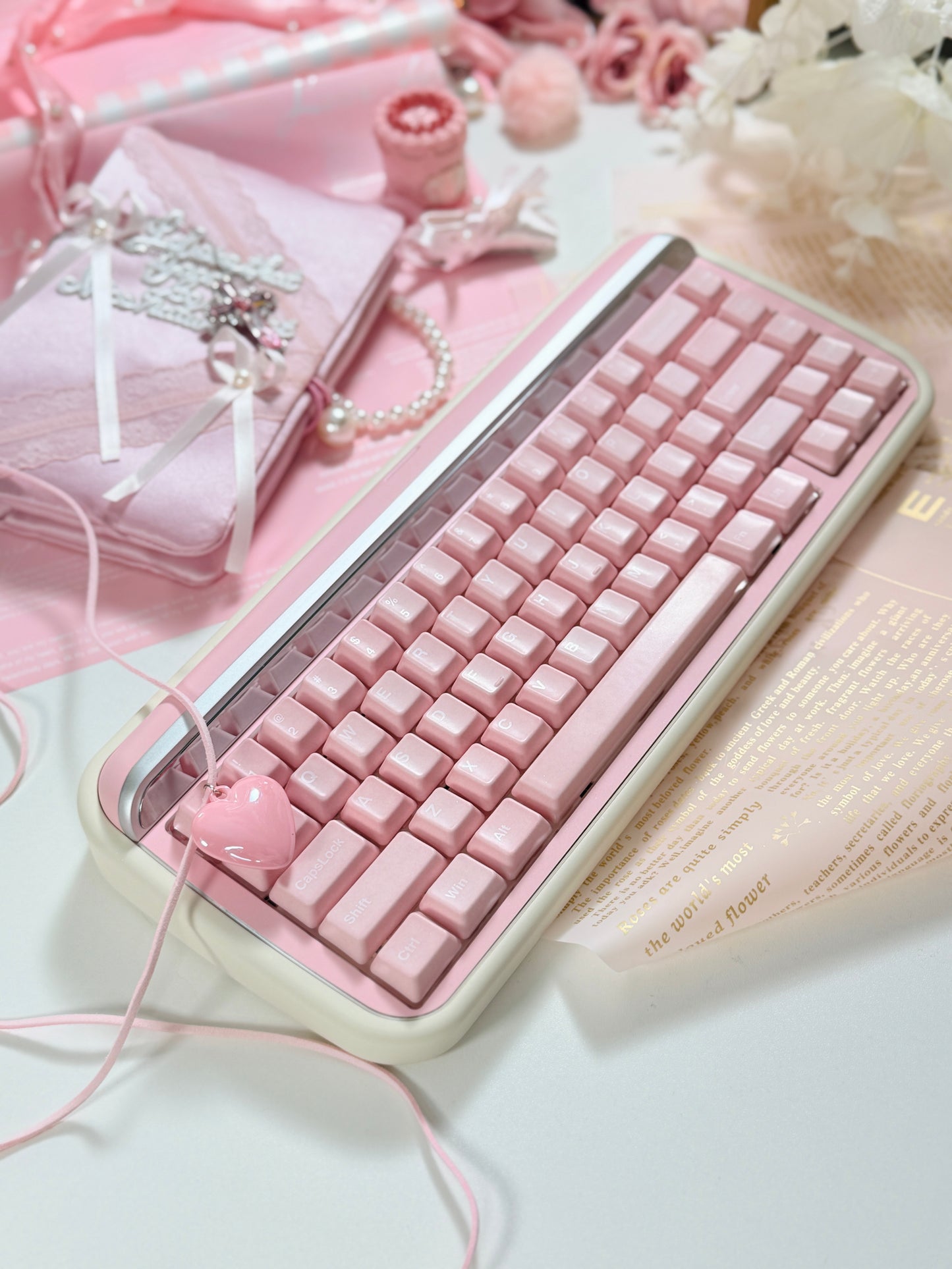 ONLY 1 Instock Prebuilt Aluminum Customized Mechanical Keyboard Rollo75 Pale Pink Cerakey Matte Keycaps Set