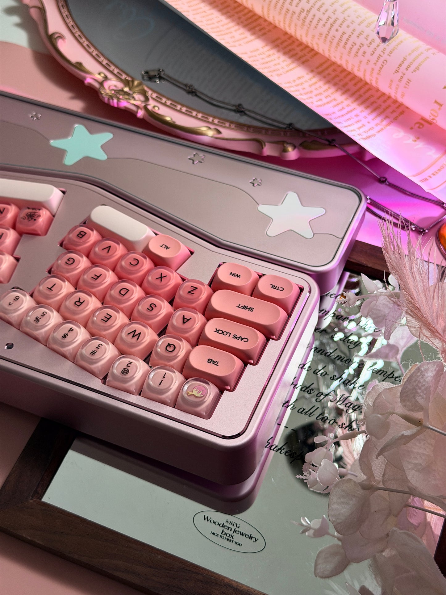 ONLY 1 Instock Prebuilt Aluminum Custom Mechanical Keyboard Staralice Ergonomic Anodized Pink Set including Wristrest Keycaps & switches