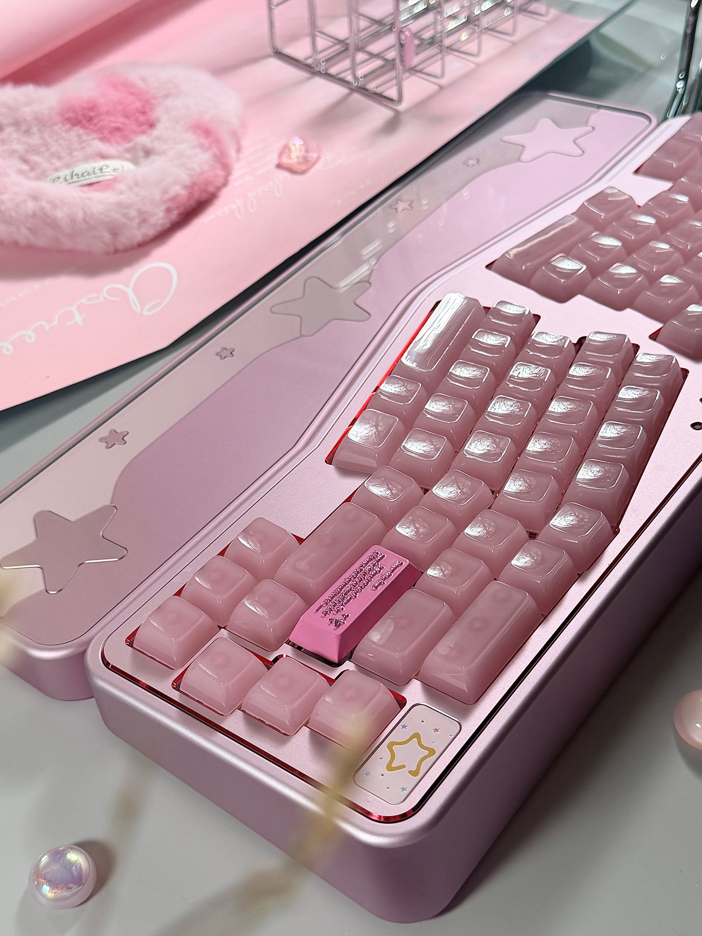 ONLY 1 Instock Prebuilt Aluminum Custom Mechanical Keyboard Staralice Ergonomic Anodized Pink Set including Wristrest Keycaps & switches