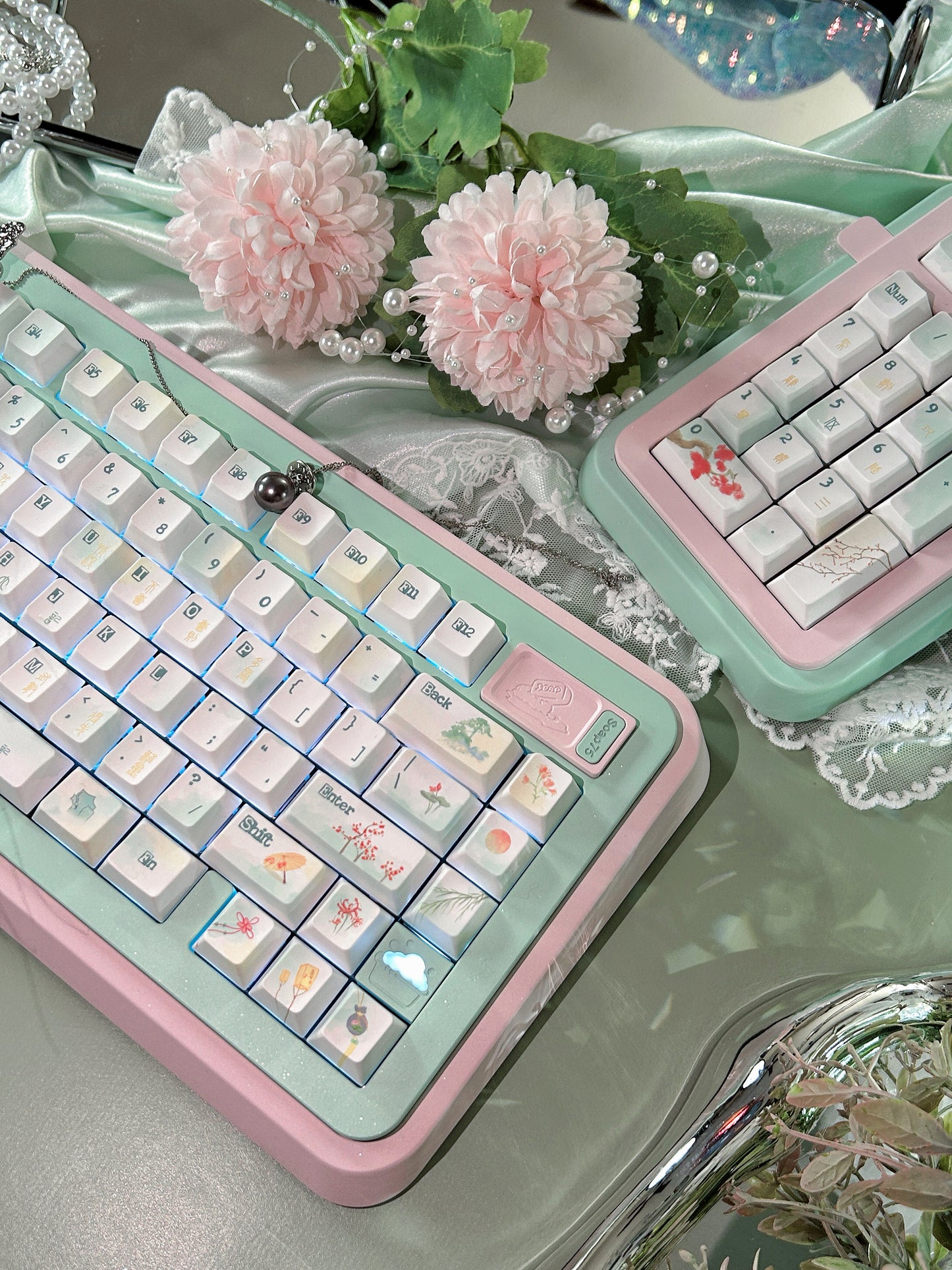 ONLY 1 Instock Prebuilt Aluminum Customized Mechanical Keyboard Pink Green Soap75 ➕ Pad