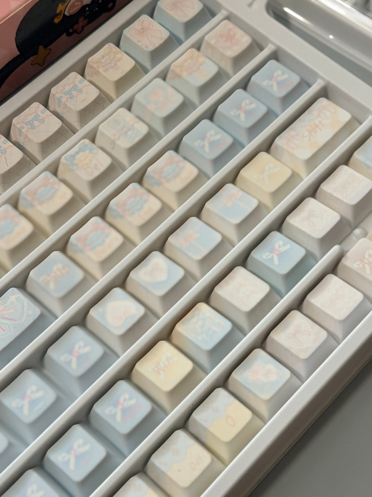 #0303 Aqua Lace Dream Garden Keycaps | Kawaii Pastel Floral & Bow PBT Keycap Set